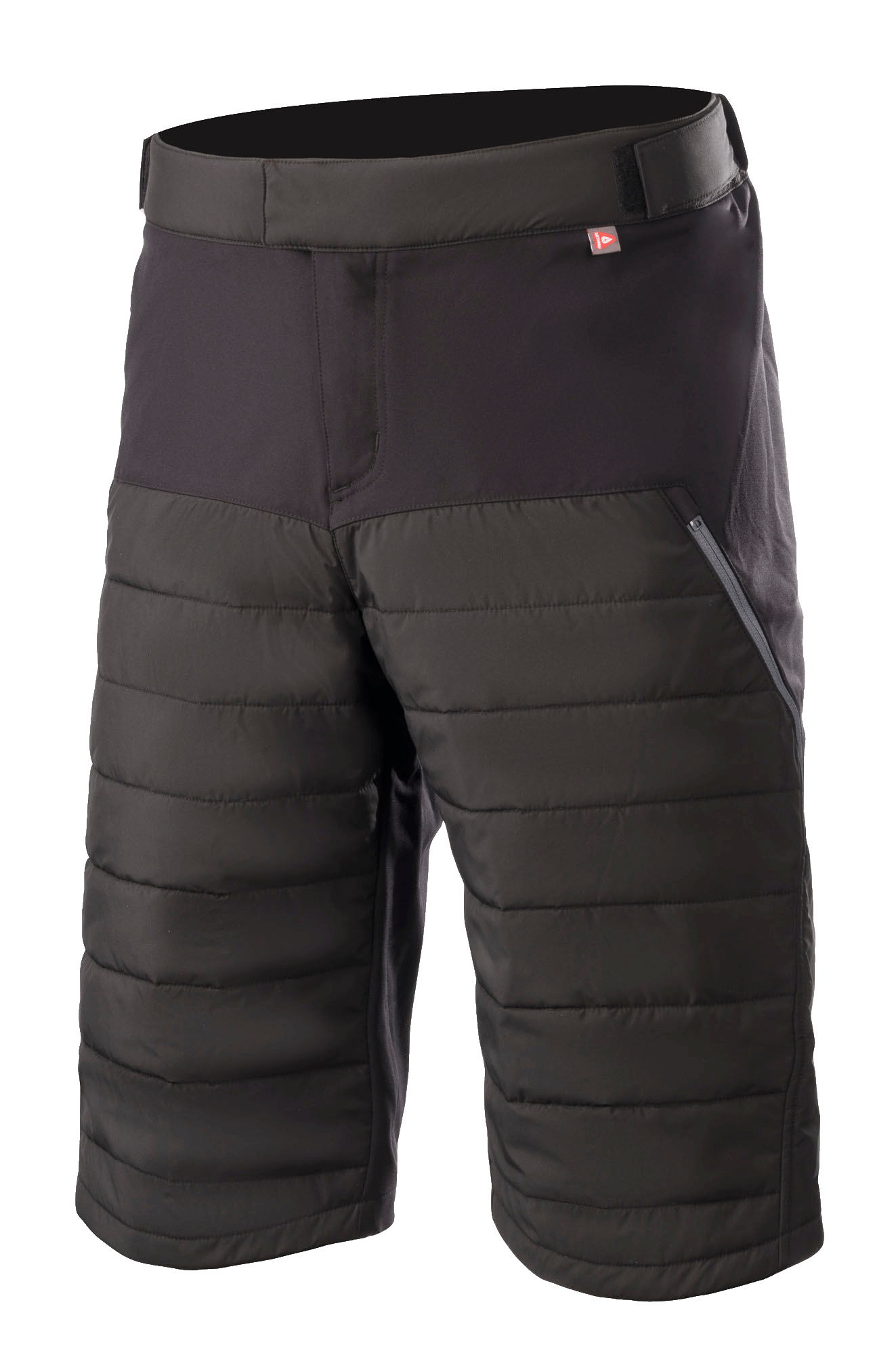 Alpinestars Denali 2 Shorts, szorty rowerowe MTB, kolor Black Grisaille, pikowane panele izolacyjne Primaloft, boczna kieszeń na zamek, regulowany pas, wytrzymały materiał do kolan na MTB