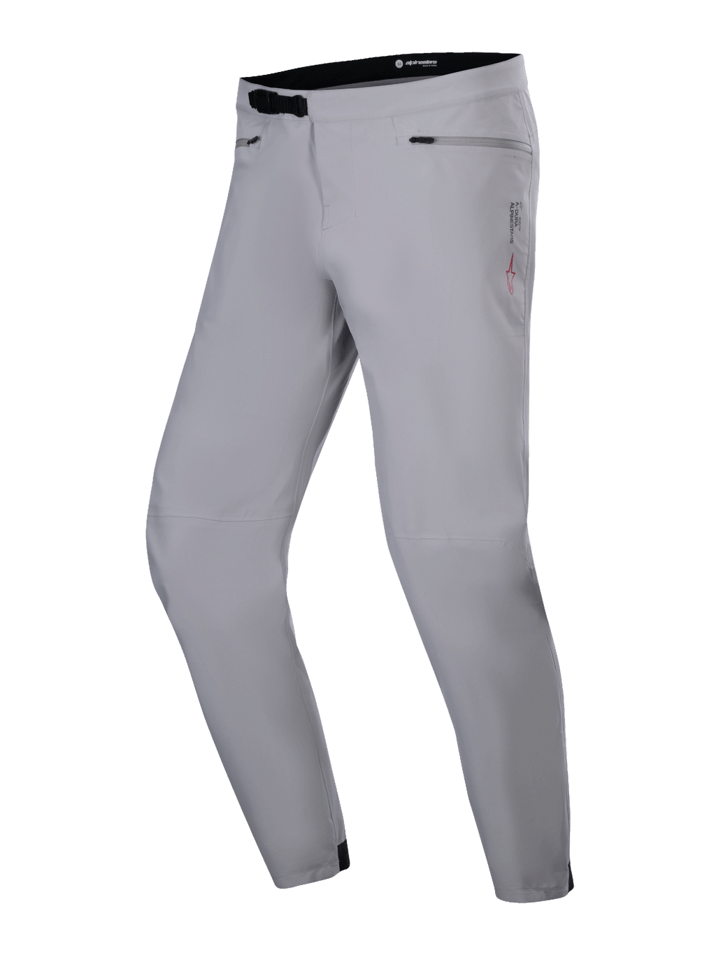Alpinestars A-Dura Waterproof Pants, spodnie MTB, kolor szary Titanium, z czarnym zapięciem na zapadkę w pasie, kieszeniami na biodrach na zamek i zwężanymi nogawkami, trwała wodoodporna konstrukcja do jazdy na rowerze górskim.