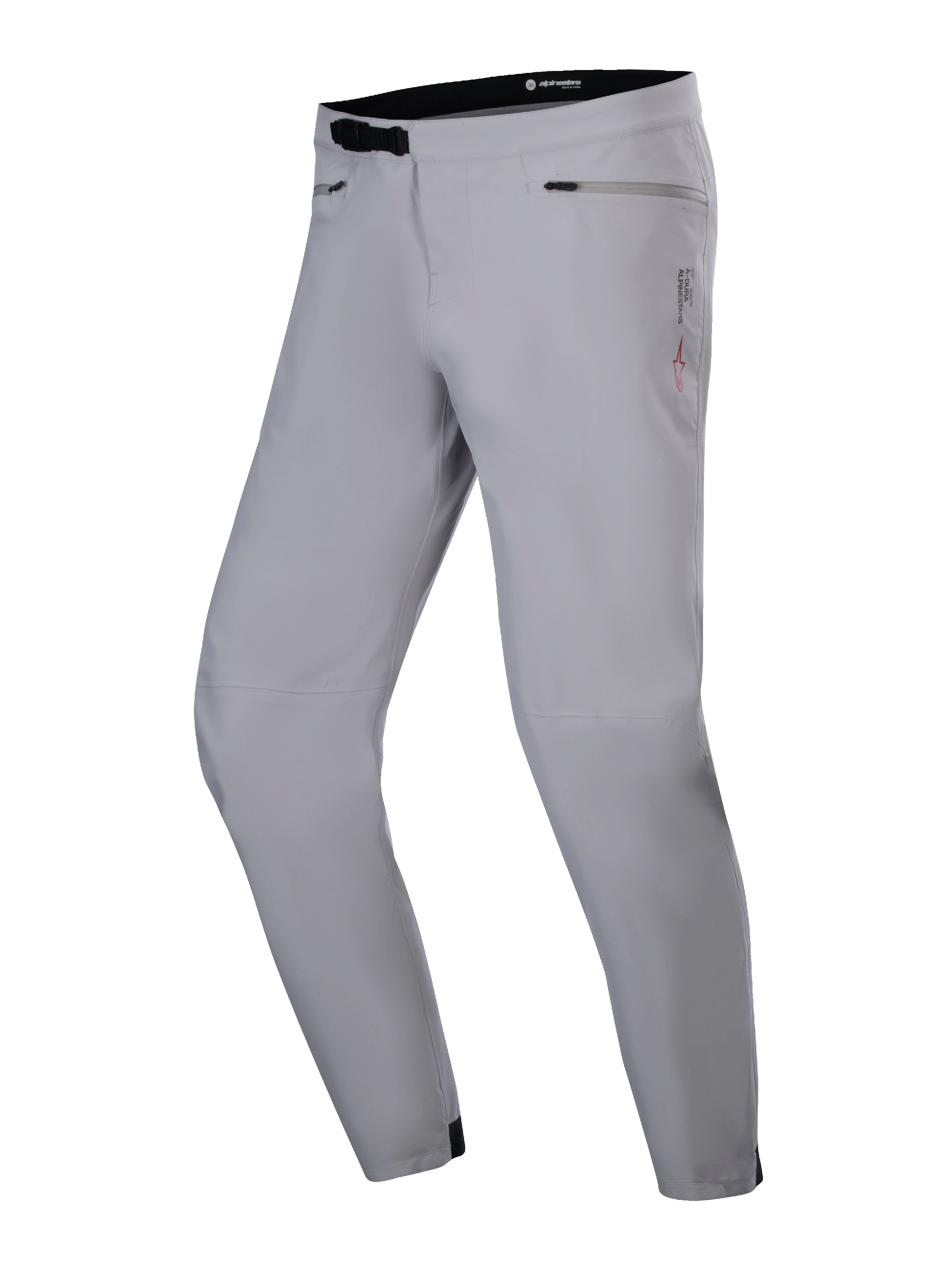 Alpinestars A-Dura Waterproof Pants, spodnie MTB, kolor szary Titanium, z czarnym zapięciem na zapadkę w pasie, kieszeniami na biodrach na zamek i zwężanymi nogawkami, trwała wodoodporna konstrukcja do jazdy na rowerze górskim.