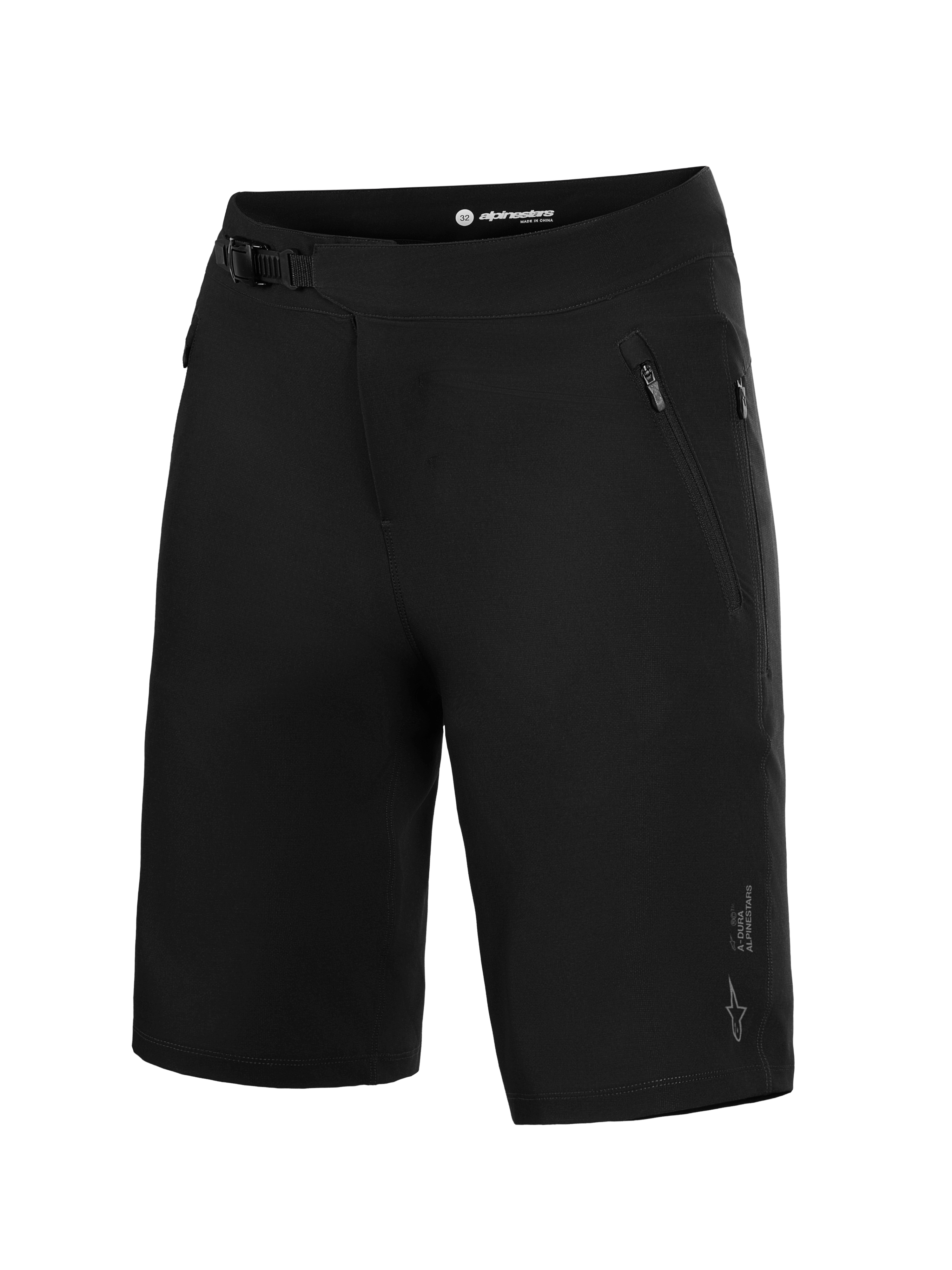 Czarne szorty MTB Alpinestars A-Dura Ride z zapięciem zapadkowym i kieszeniami na suwak do jazdy w terenie.