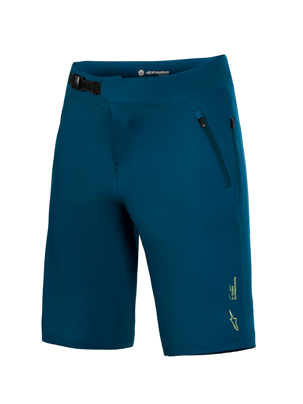Morskie szorty MTB A-Dura Ride z zapięciem na zapadkę i małym żółtym logo Alpinestars na nogawce.