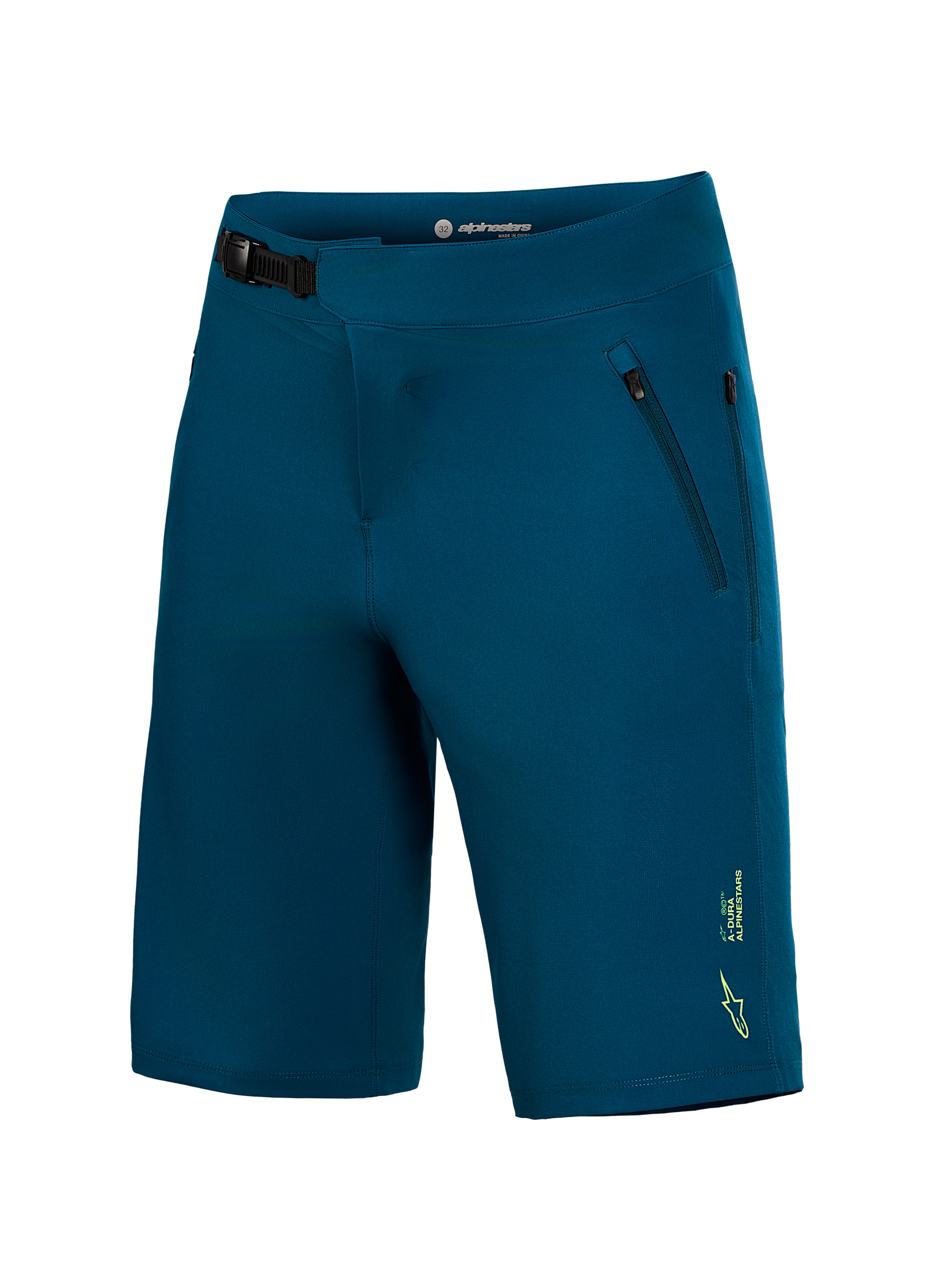 Szorty MTB Alpinestars A-Dura Ride w kolorze niebiesko-zielonym, zapięcie z zapadką i boczne kieszenie na zamek.