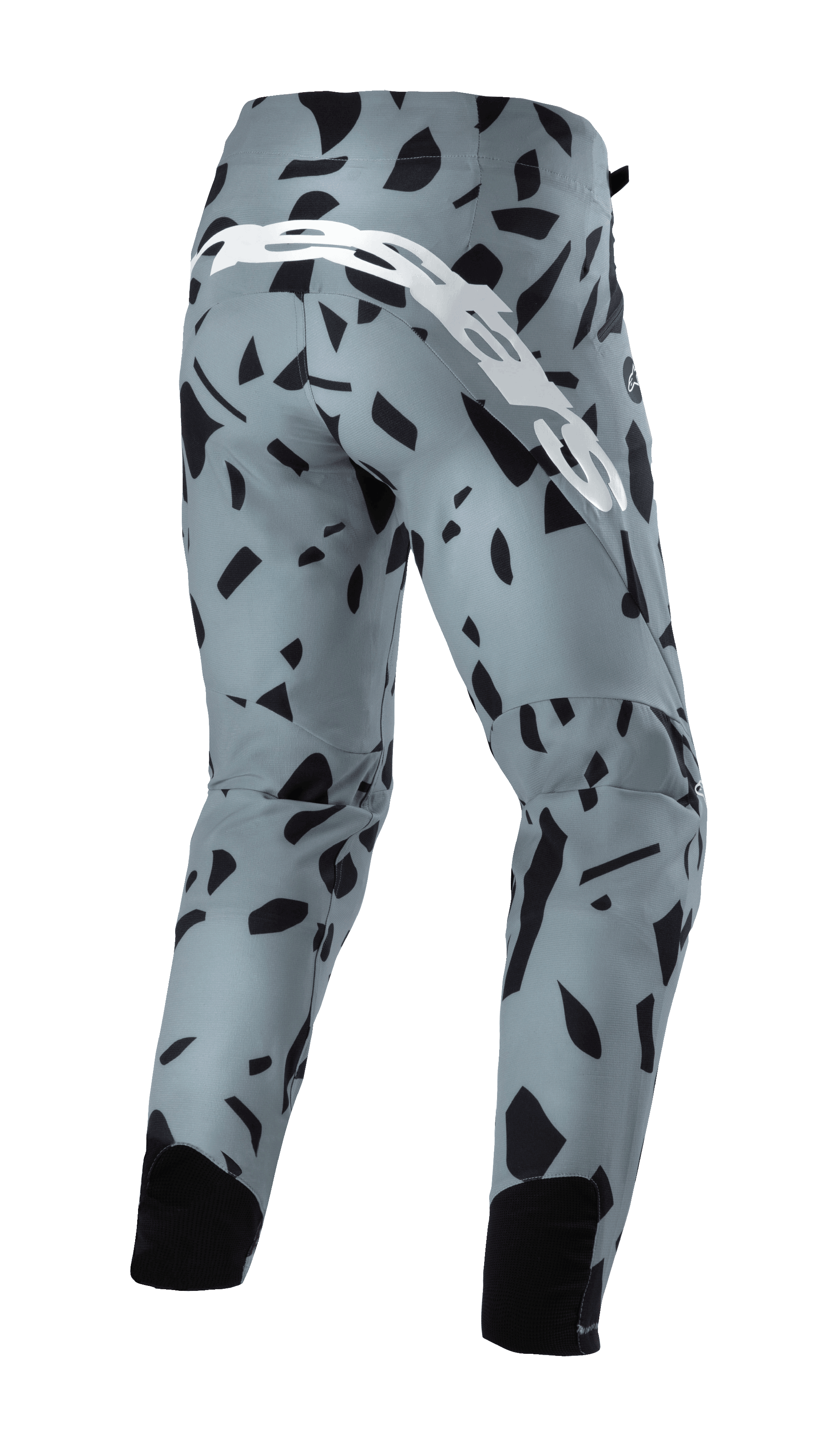 Spodnie Alpinestars Techstar Envision, spodnie rowerowe MTB, jasnoniebieskie z czarnym abstrakcyjnym wzorem geometrycznym, widok z tyłu z dużym białym pisanym logo i czarnymi panelami z siatki na łydkach, wytrzymała odzież do jazdy terenowej