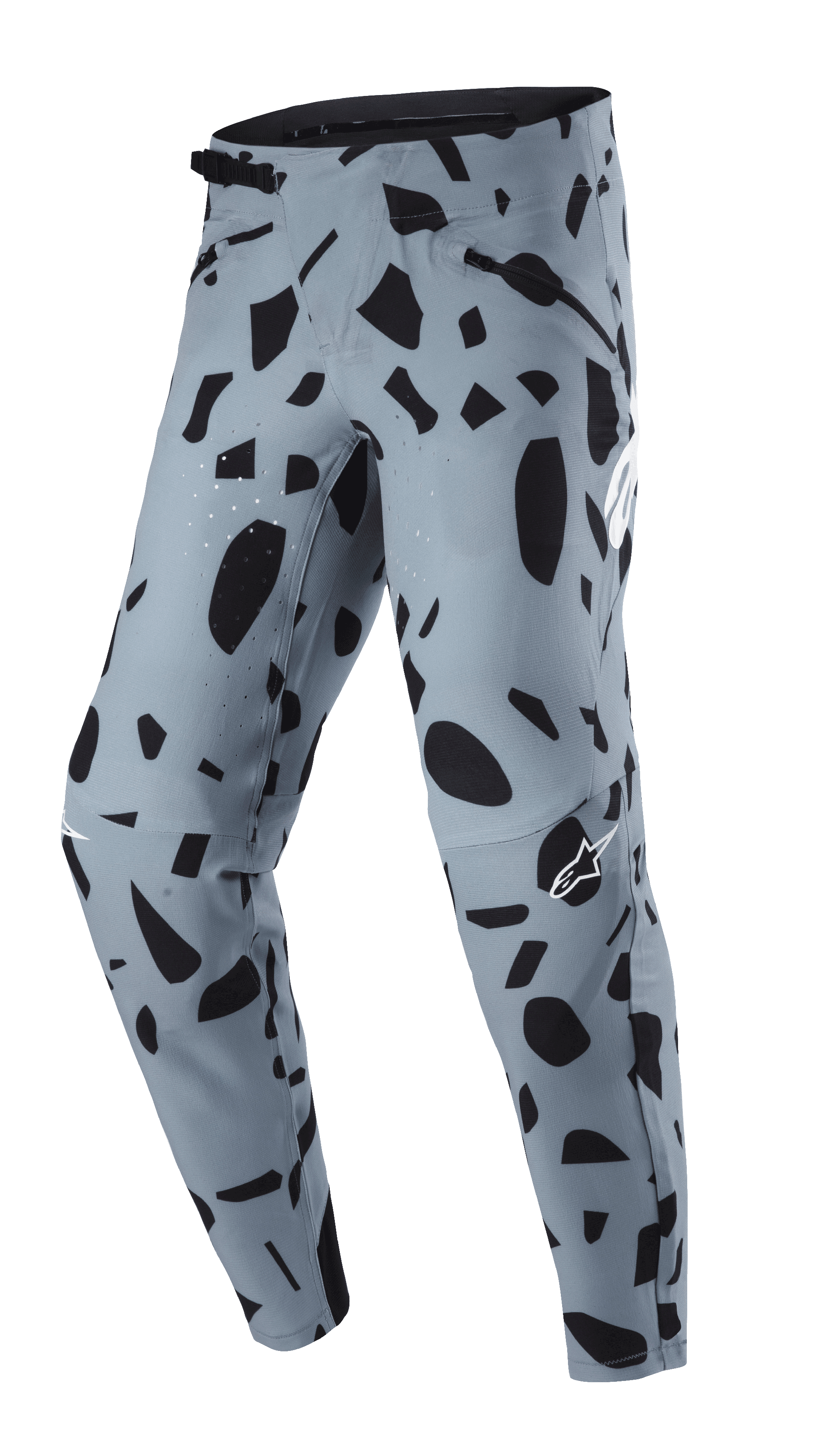Alpinestars Techstar Envision Pants, spodnie MTB, kolor Ash Blue z czarnym abstrakcyjnym wzorem, zapięcie w pasie na zapadkę i kieszenie na zamek, laserowo perforowana wentylacja zapewniająca oddychalność, przeznaczone do jazdy na rowerze górskim