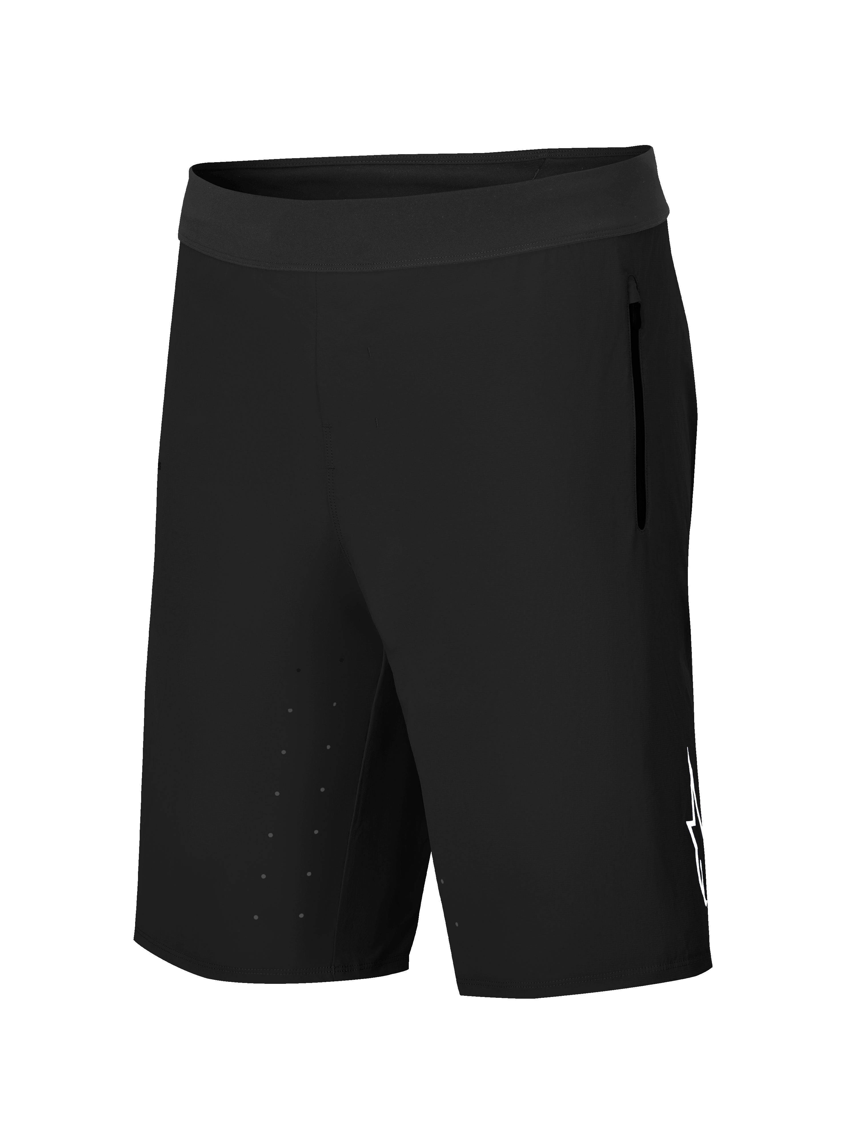 Alpinestars A-Aria Lite Short, Mountain Bike Cycling Shorts, Black, featuring a wide waistband, side zippered pocket, laser-cut ventilation holes on the inner thigh, and white Astars logo branding, performance trail gear