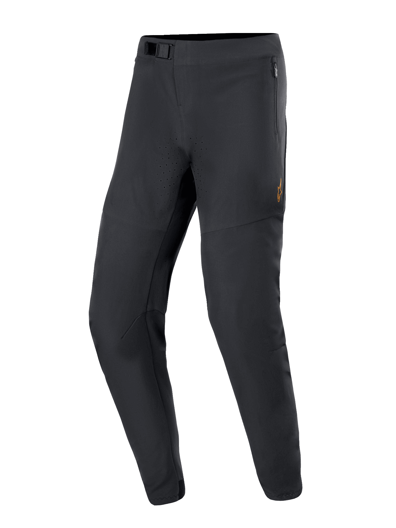 Alpinestars A-Aria Elite Pants, Mountain Bike Pants, Black, featuring laser perforations for airflow, magnetic buckle closure, and zippered pockets, sleek tapered design for off-road performance cycling
