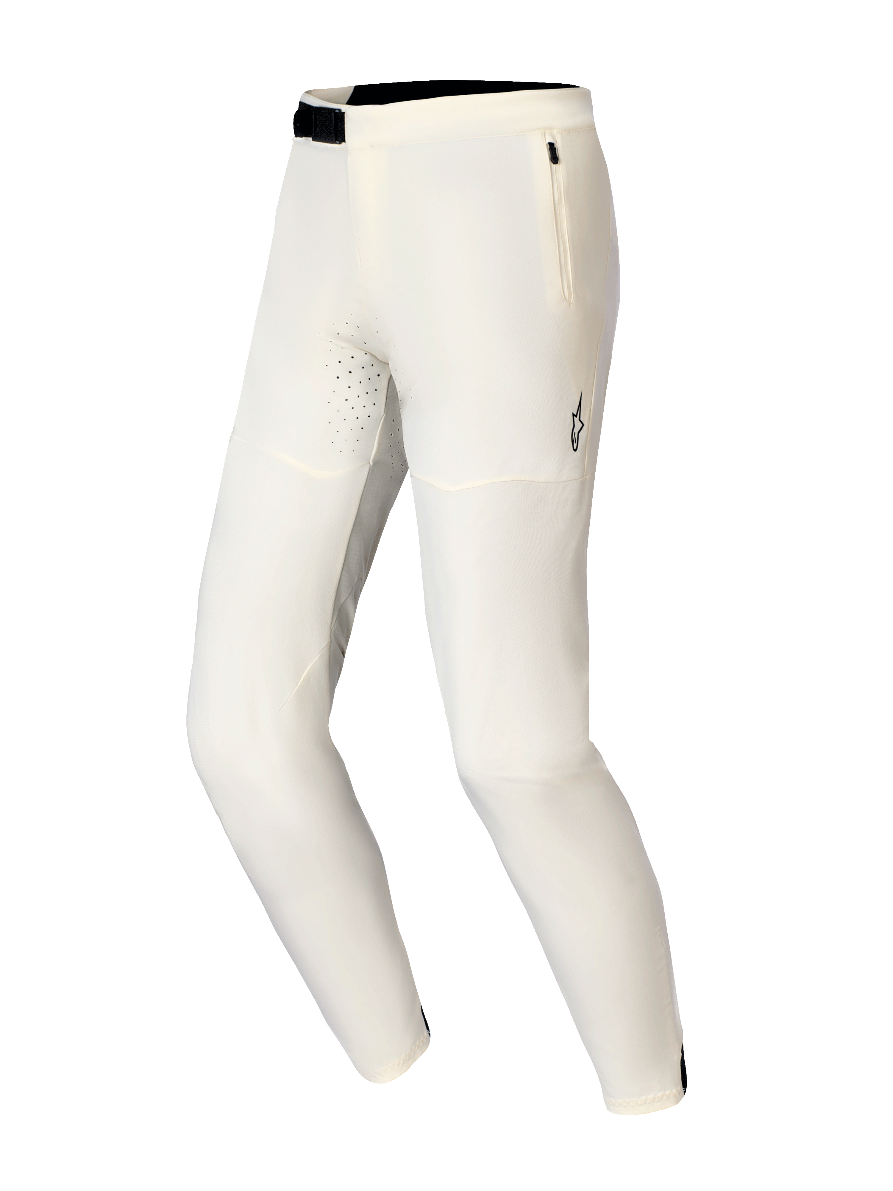 Alpinestars A-Aria Elite Pants, spodnie rowerowe MTB, ecru, z czarnym magnetycznym zapięciem na klamrę, boczną kieszenią na zamek i laserowo wycinanymi otworami wentylacyjnymi, wyczynowy design do jazdy w terenie