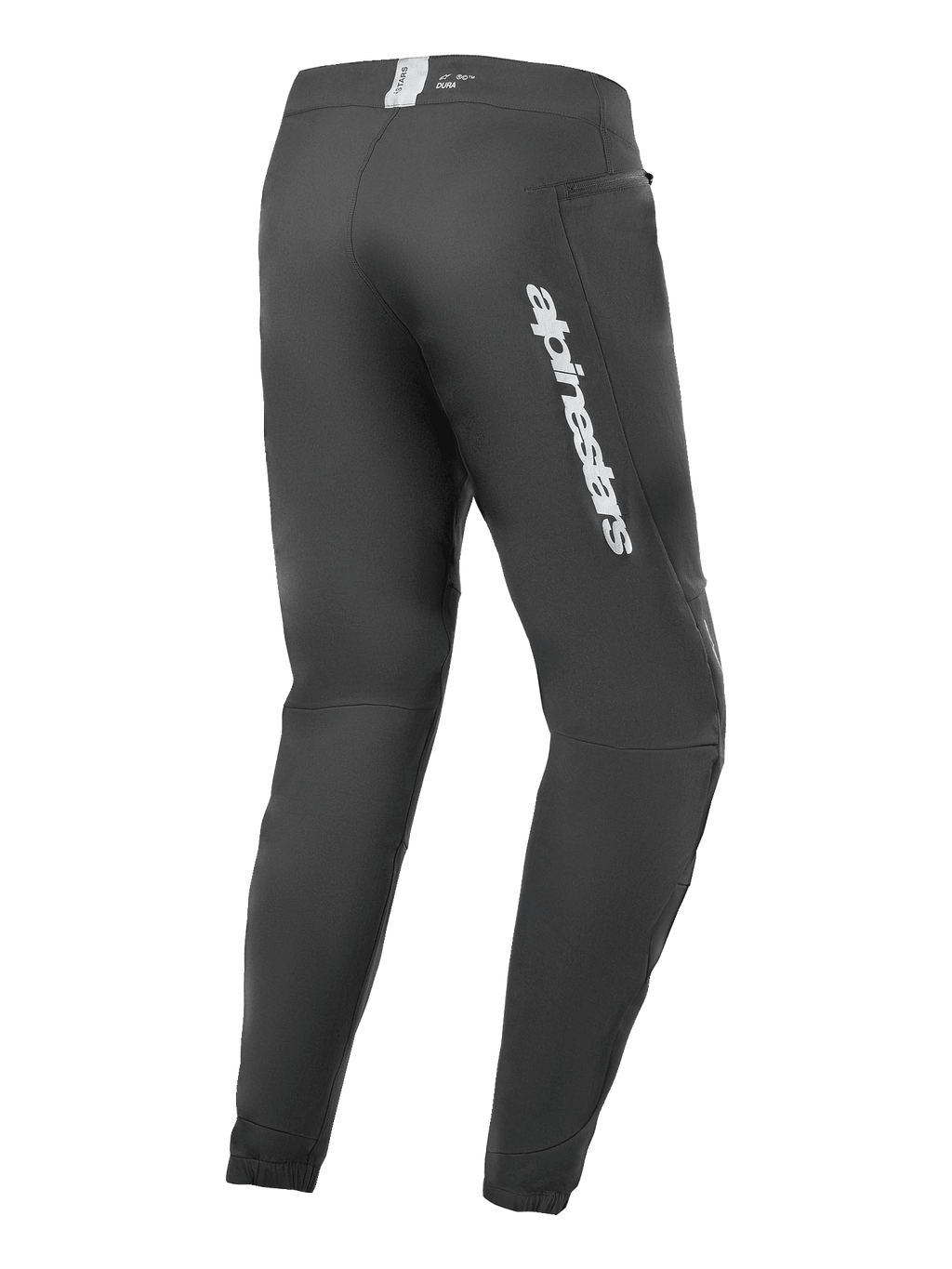 Alpinestars A-Dura Elite Pants, spodnie rowerowe MTB, czarne, widok z tyłu z boku ze srebrnym logo Alpinestars na udzie, kieszenią na zamek i elastycznymi mankietami, wytrzymała odzież techniczna do MTB