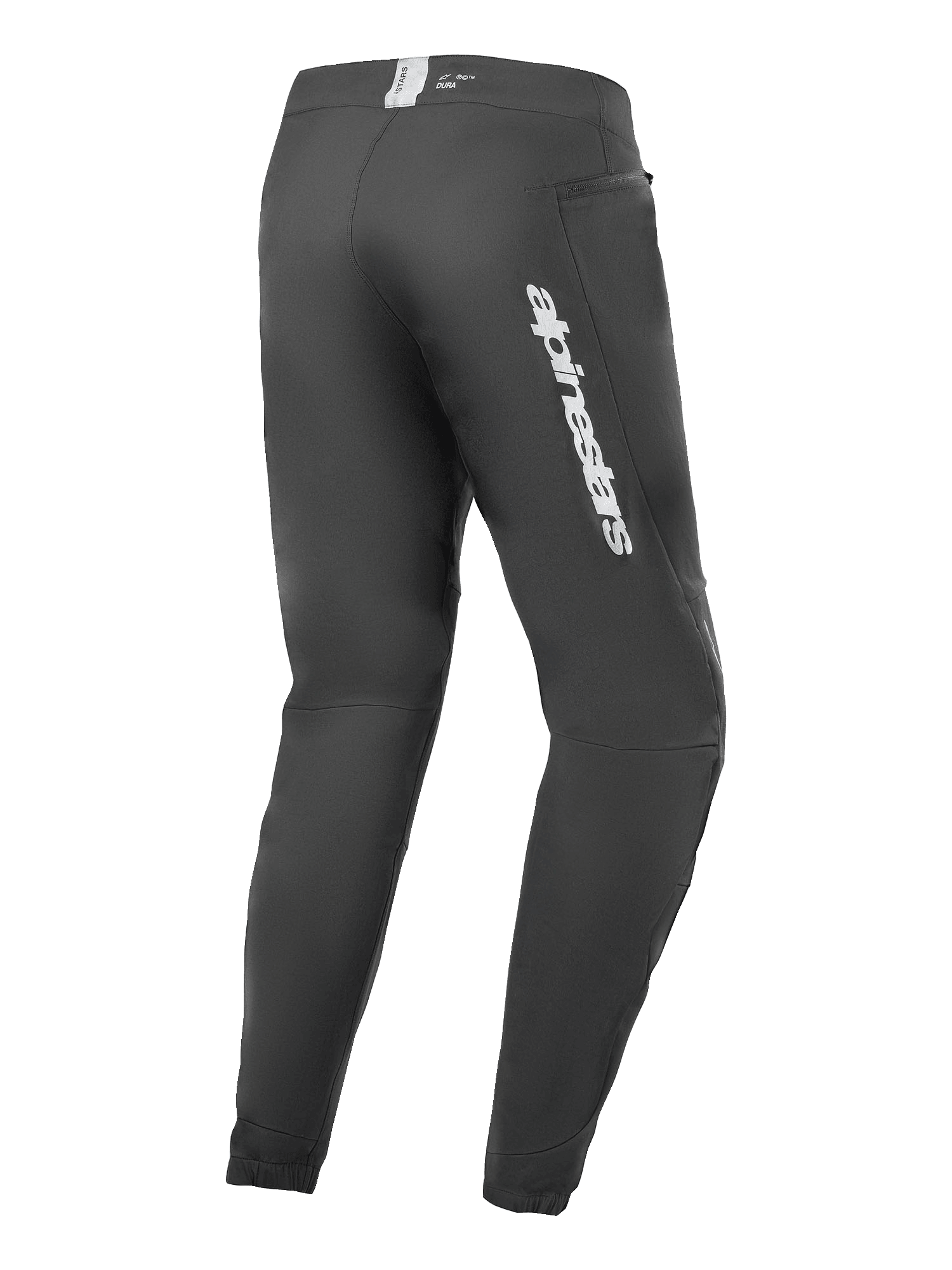 Alpinestars A-Dura Elite Pants, spodnie rowerowe MTB, czarne, widok z tyłu z boku ze srebrnym logo Alpinestars na udzie, kieszenią na zamek i elastycznymi mankietami, wytrzymała odzież techniczna do MTB