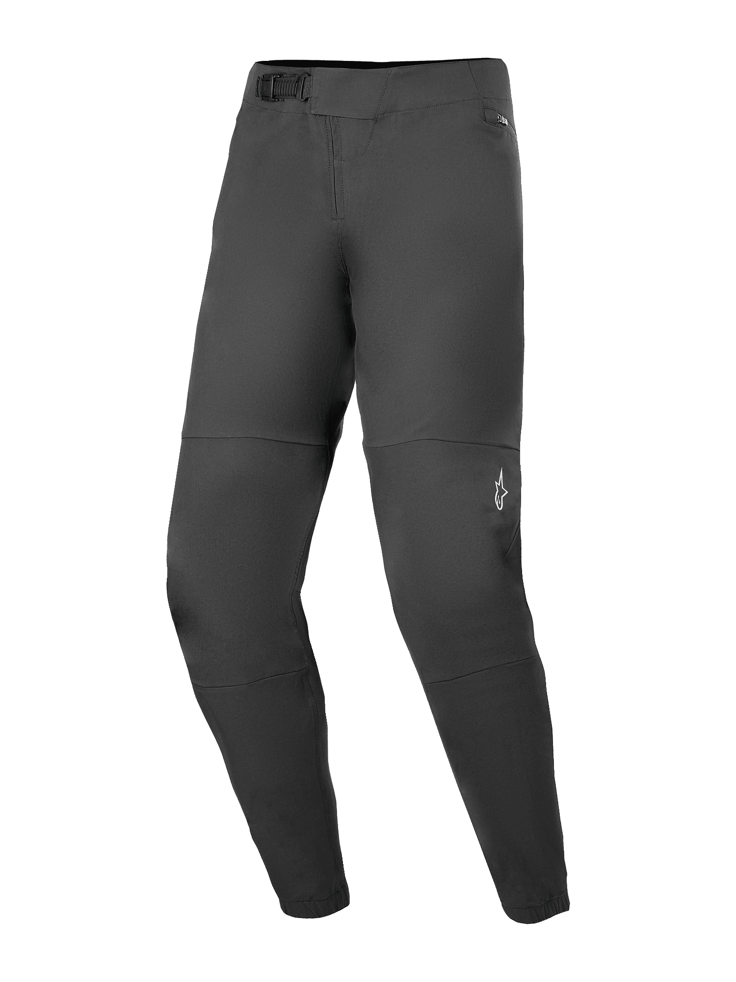 Alpinestars A-Dura Elite Pants, spodnie MTB, czarne, wyposażone w przedni system zapięcia na zapadkę, kieszenie na zamek z siatkową podszewką i elastyczne mankiety, małe białe logo Alpinestars na lewej nogawce, wytrzymała konstrukcja z tkaniny Cordura do jazdy w terenie.