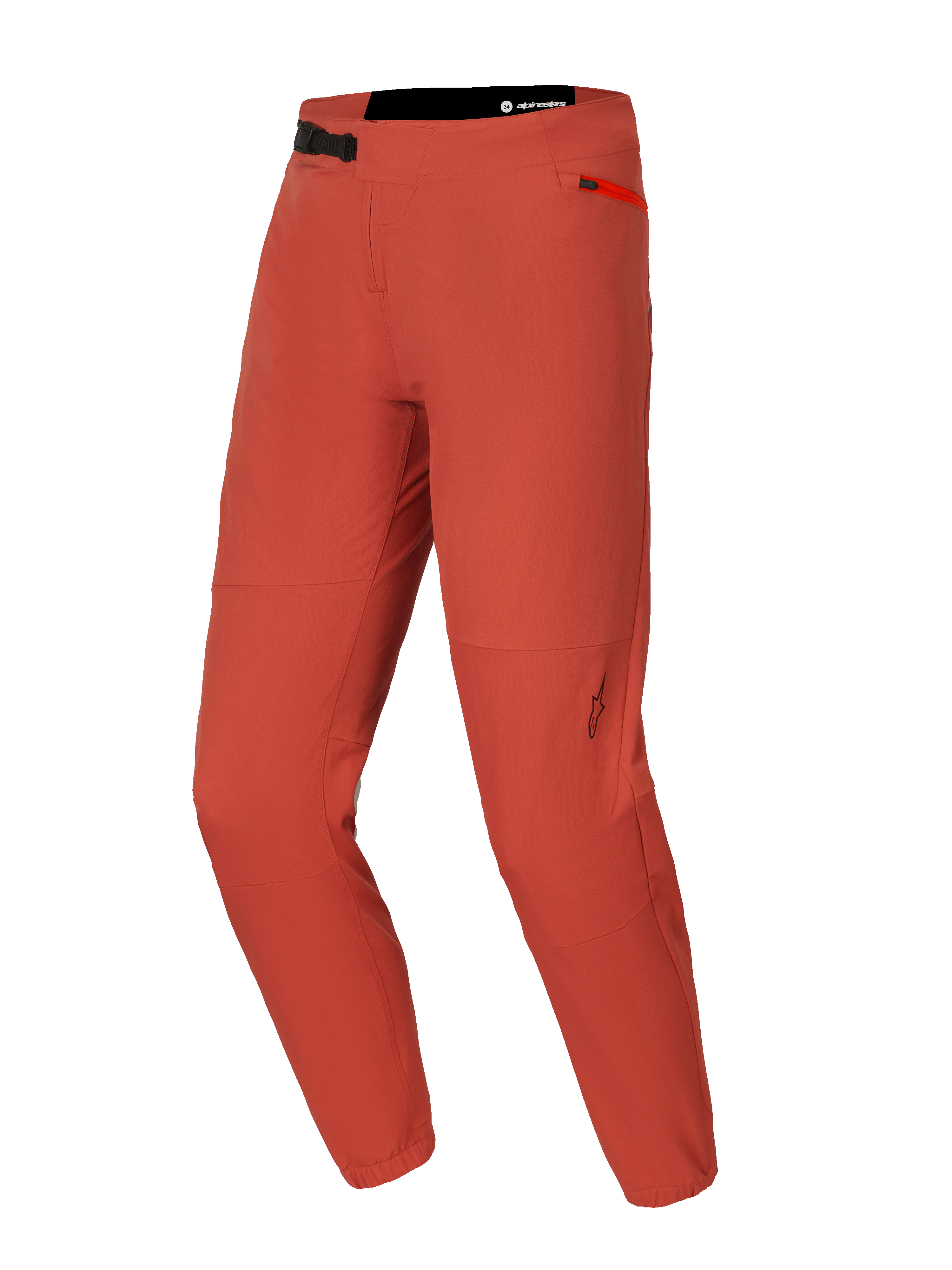 Alpinestars A-Dura Elite Pants, spodnie rowerowe MTB, ciemnopomarańczowe, wykonane z 4-kierunkowo rozciągliwego materiału Cordura, zapięcie na zapadkę w pasie, boczna kieszeń na zamek i elastyczne mankiety przy kostkach