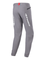 Alpinestars A-Dura Elite Pants, spodnie rowerowe MTB, ciemnoszare, widok z tyłu z białym logo Alpinestars na nogawkach, małą czerwoną metką w pasie i kieszenią na zamek, techniczny design do kolarstwa górskiego
