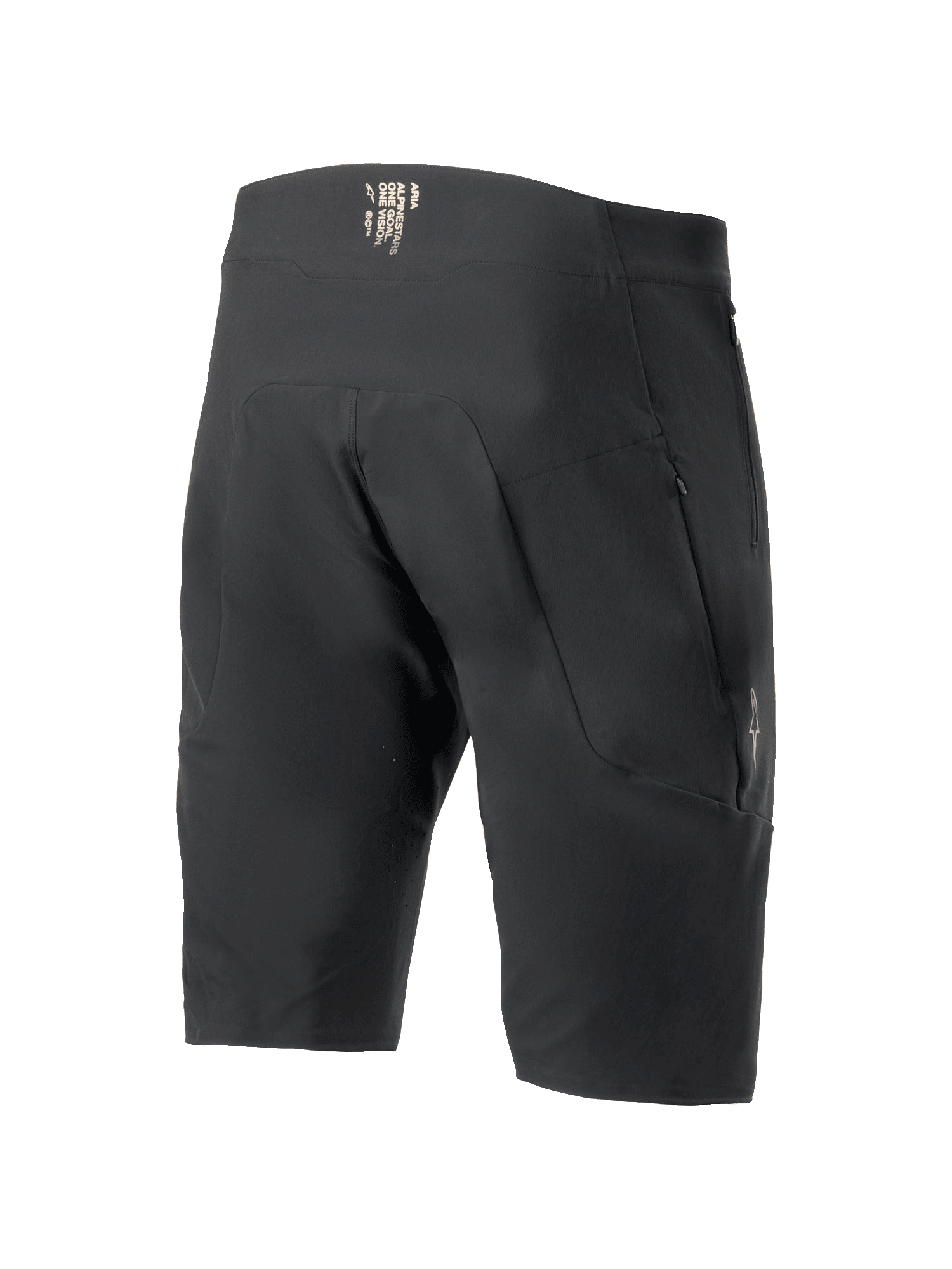 Alpinestars A-Aria Elite Shorts, spodenki rowerowe MTB, czarne, widok z tyłu prezentujący kieszenie na zamek i branding na pasku, techniczny krój sportowy do jazdy w terenie