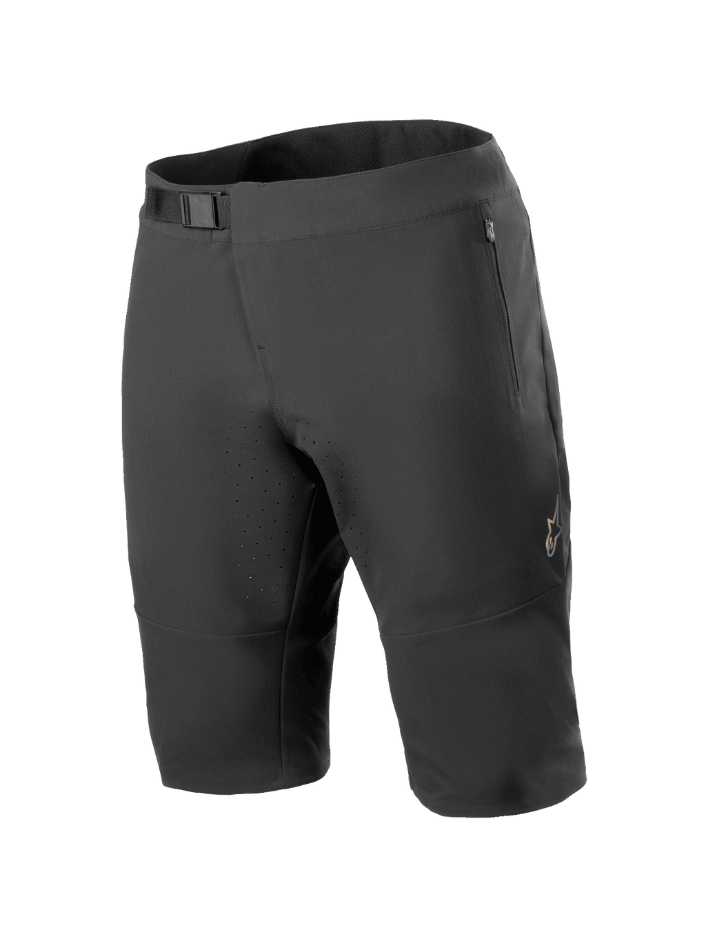 Alpinestars A-Aria Elite Shorts, spodenki rowerowe MTB, czarne, z magnetycznym zapięciem w pasie, kieszeniami na zamek, laserowo wycinanymi otworami wentylacyjnymi i materiałem 4-way stretch do jazdy w terenie