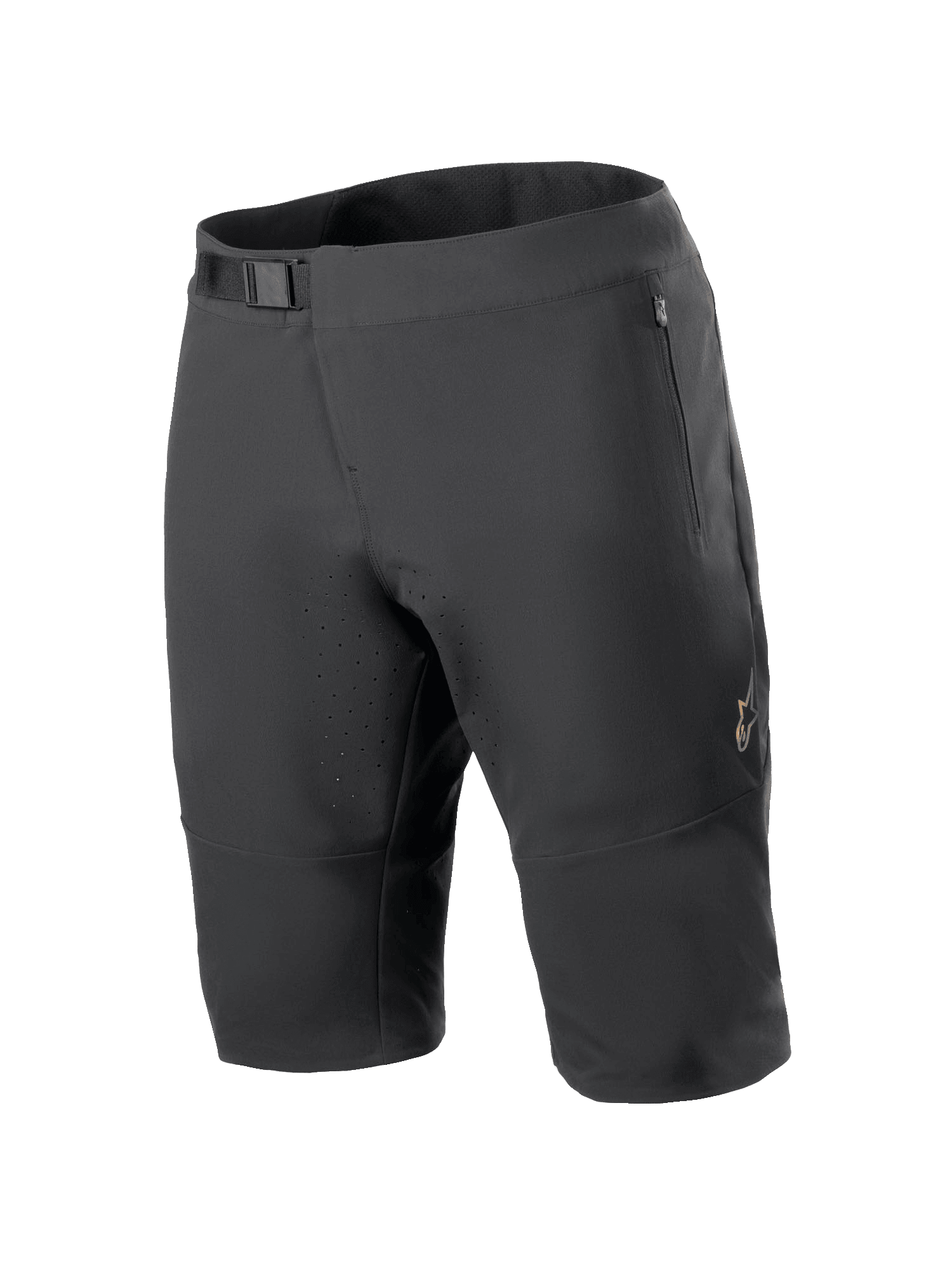 Alpinestars A-Aria Elite Shorts, spodenki rowerowe MTB, czarne, z magnetycznym zapięciem w pasie, kieszeniami na zamek, laserowo wycinanymi otworami wentylacyjnymi i materiałem 4-way stretch do jazdy w terenie