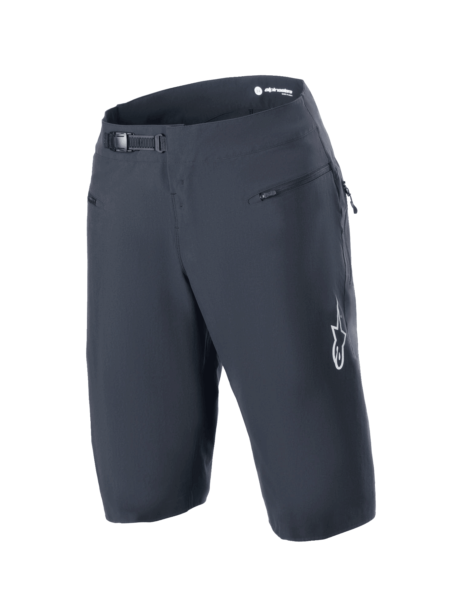Alpinestars A-Aria Shorts, czarne, spodenki MTB wyposażone w system zapięcia na zapadkę w pasie oraz przednie kieszenie na zamek, białe logo Astars na nogawce, techniczna odzież rowerowa