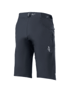 Alpinestars A-Dura Elite Shorts, spodenki rowerowe MTB, czarne, widok z tyłu z boku, boczna kieszeń zapinana na zamek, białe logo Astars i oznaczenie „DURA” na pasku, wytrzymały materiał Cordura rozciągliwy w 4 kierunkach do jazdy w terenie