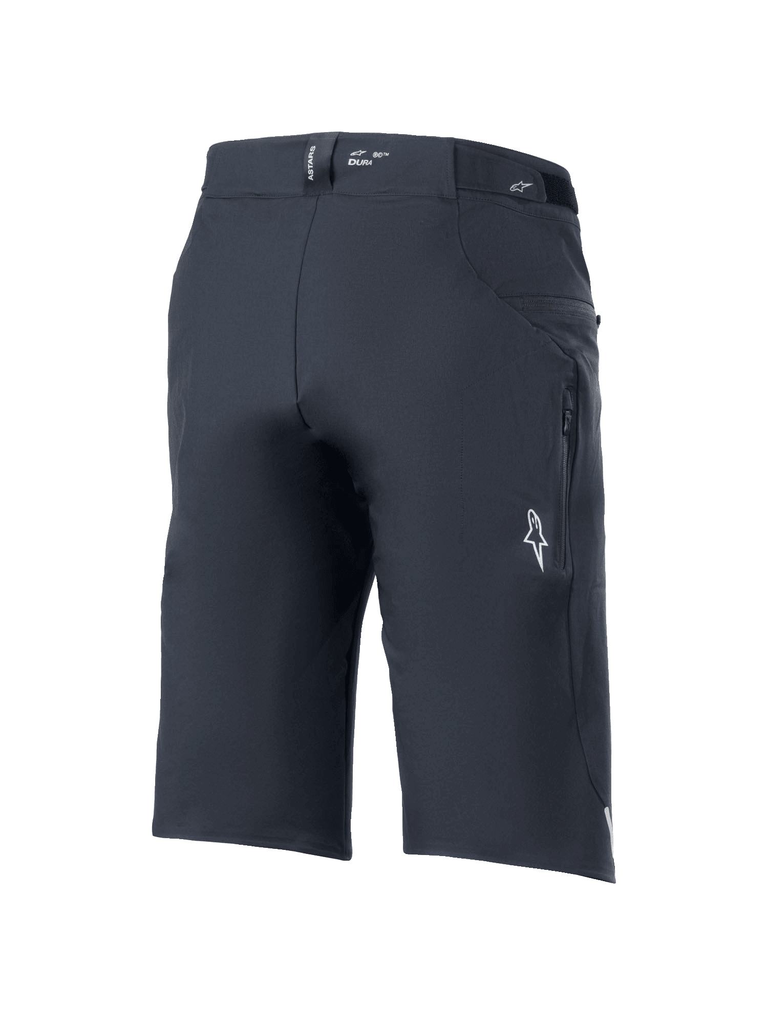 Alpinestars A-Dura Elite Shorts, spodenki rowerowe MTB, czarne, widok z tyłu z boku, boczna kieszeń zapinana na zamek, białe logo Astars i oznaczenie „DURA” na pasku, wytrzymały materiał Cordura rozciągliwy w 4 kierunkach do jazdy w terenie