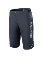 Alpinestars A-Dura Elite Shorts, spodenki rowerowe MTB, czarne, z pionowym białym logo Alpinestars na lewej nogawce, boczną kieszenią na zamek, zapięciem na napy i regulacją w pasie na rzepy, odblaskowym akcentem, wytrzymały materiał Cordura rozciągliwy w 4 kierunkach do jazdy terenowej
