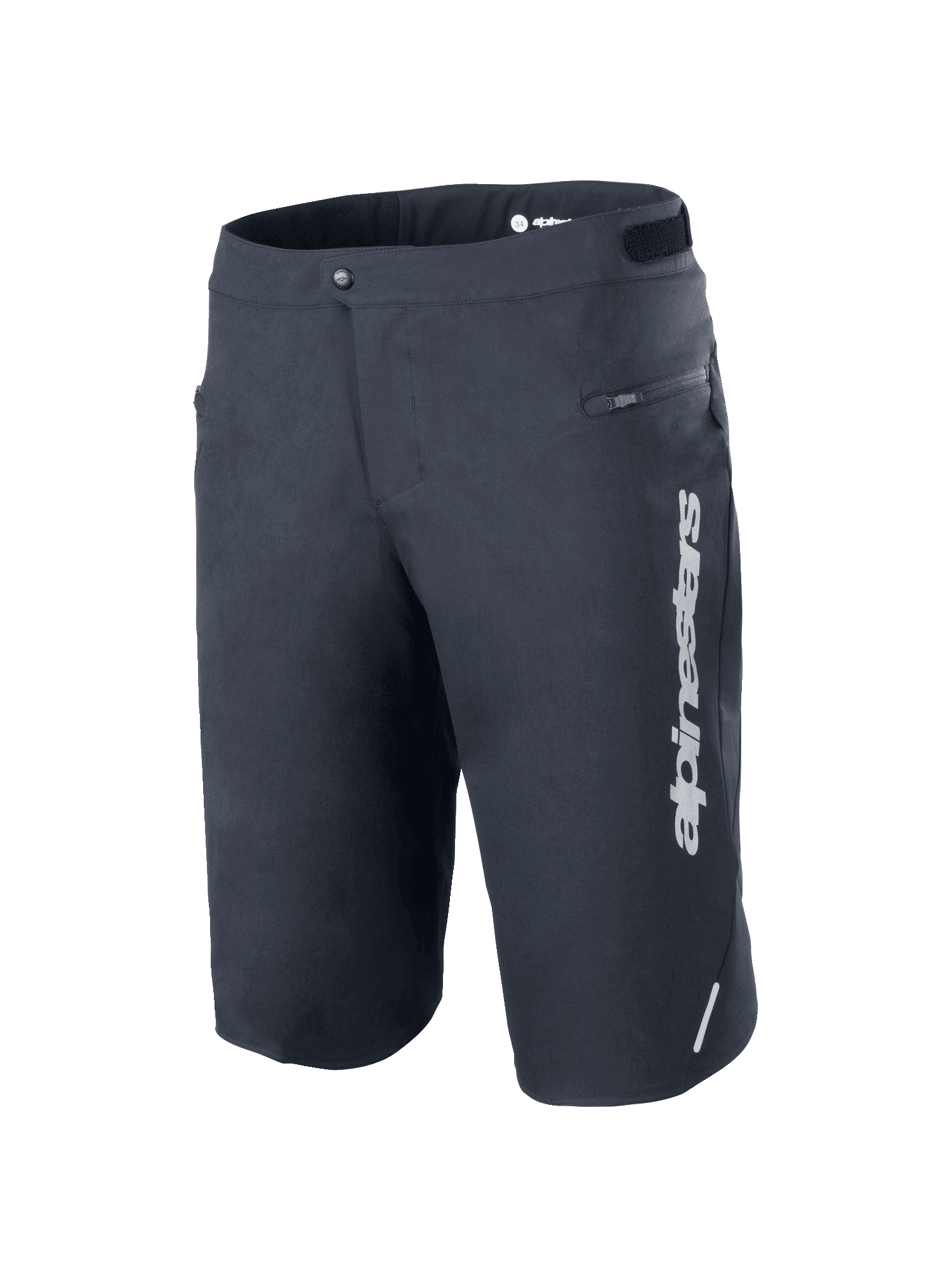 Alpinestars A-Dura Elite Shorts, spodenki rowerowe MTB, czarne, z pionowym białym logo Alpinestars na lewej nogawce, boczną kieszenią na zamek, zapięciem na napy i regulacją w pasie na rzepy, odblaskowym akcentem, wytrzymały materiał Cordura rozciągliwy w 4 kierunkach do jazdy terenowej
