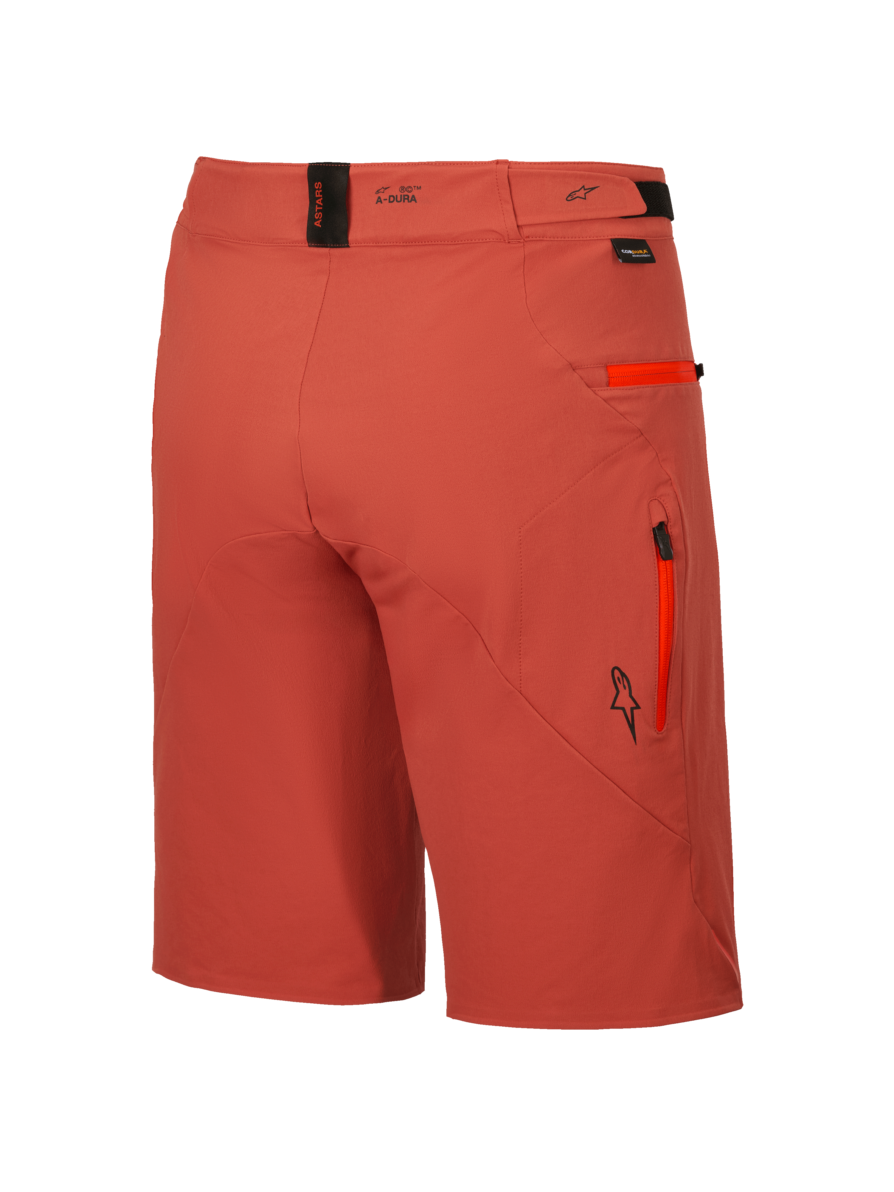 Alpinestars Spodenki A-Dura Elite, męskie spodenki rowerowe MTB w kolorze ciemnopomarańczowym, widok z tyłu, z wytrzymałego materiału Cordura z kieszeniami na zamek