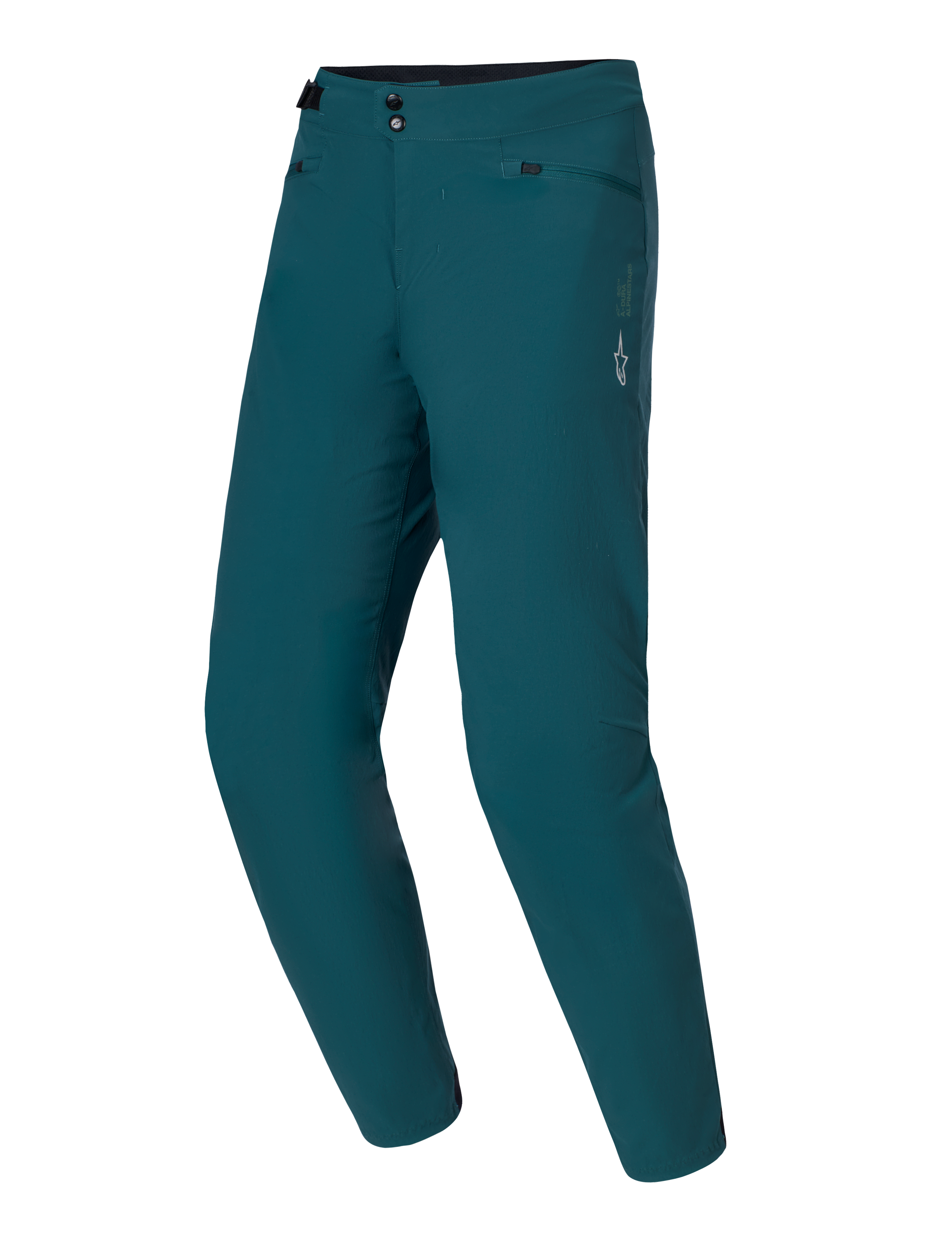 Alpinestars A-Dura Pants, spodnie do jazdy na rowerze górskim (MTB), ciemnozielone (Dark Pine), podwójne zapięcie na zatrzaski i boczna regulacja w pasie, białe logo gwiazdy na lewym udzie, wytrzymała, rozciągliwa tkanina 2-way stretch do jazdy po szlakach