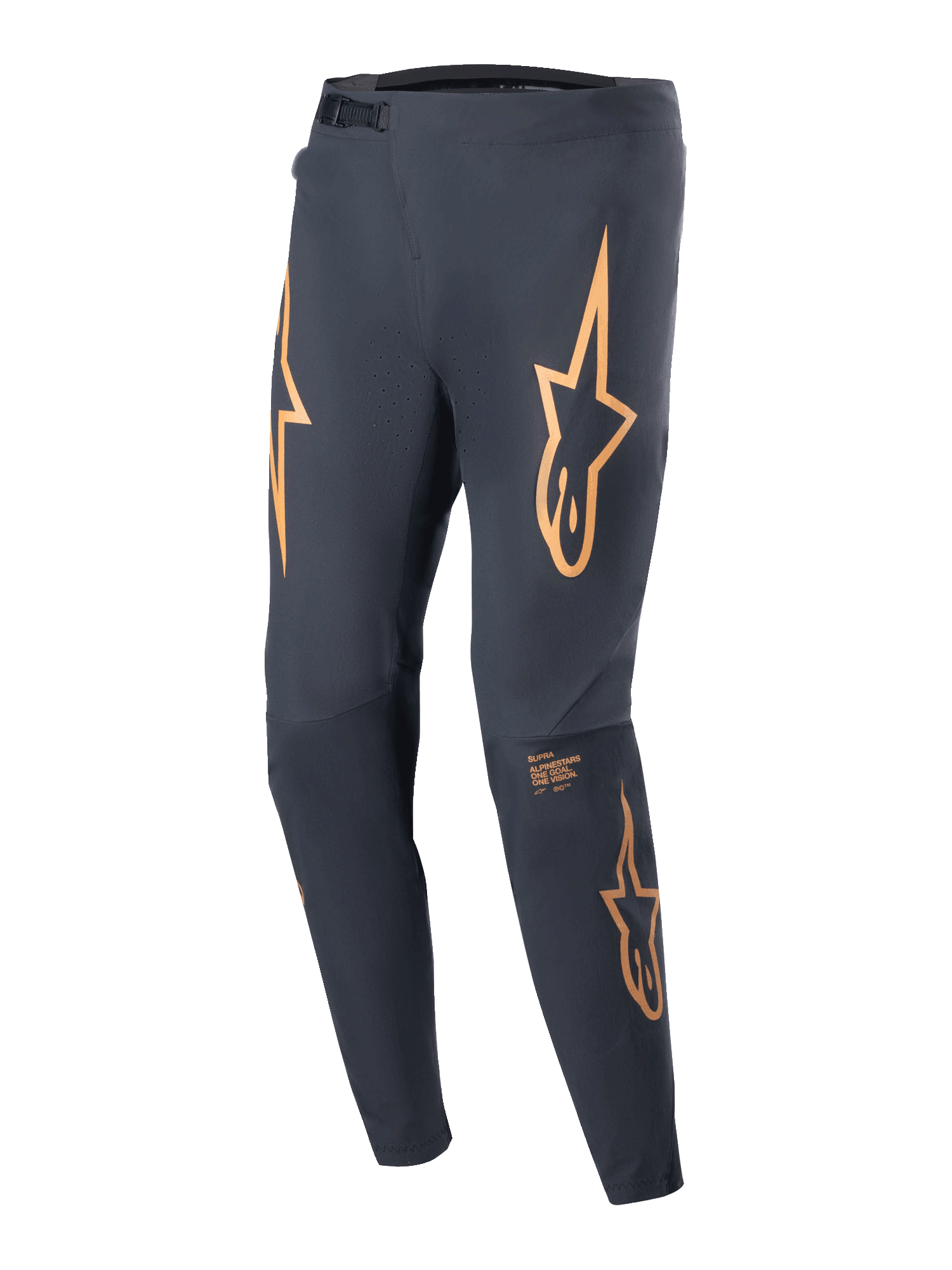 Alpinestars A-Supra Race Pants, spodnie rowerowe MTB, czarne z pomarańczowymi logotypami gwiazdy na udach, zapięcie na zapadkę, laserowa perforacja, zwężany sportowy krój