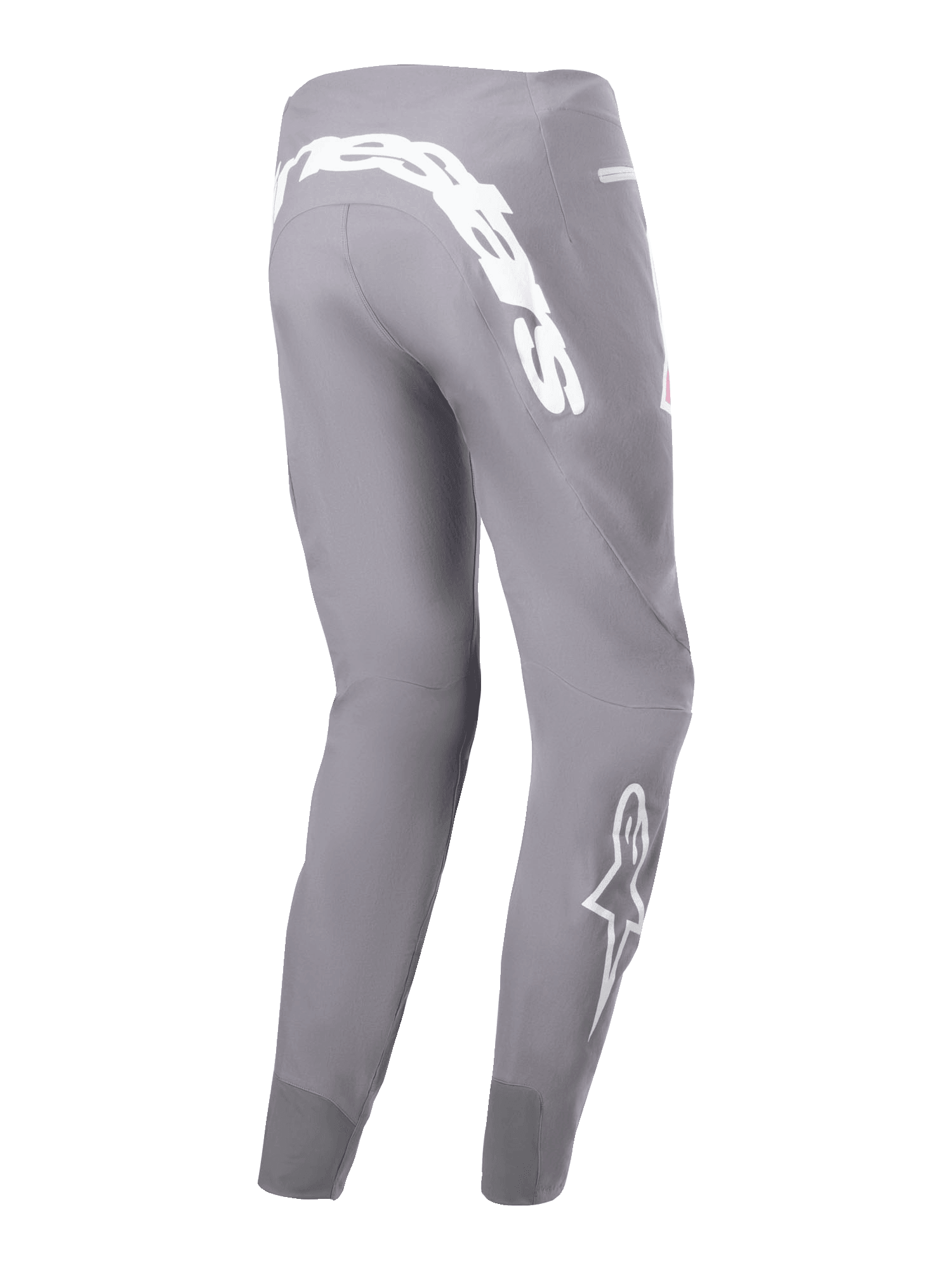 Alpinestars A-Supra Race Pants, spodnie wyścigowe MTB, ciemnoszare, z dużym białym napisem na karczku i białym logo gwiazdy na dole nogawki, dopasowany krój z tkaniny rozciągliwej w 4 kierunkach, wytrzymała odzież rowerowa terenowa