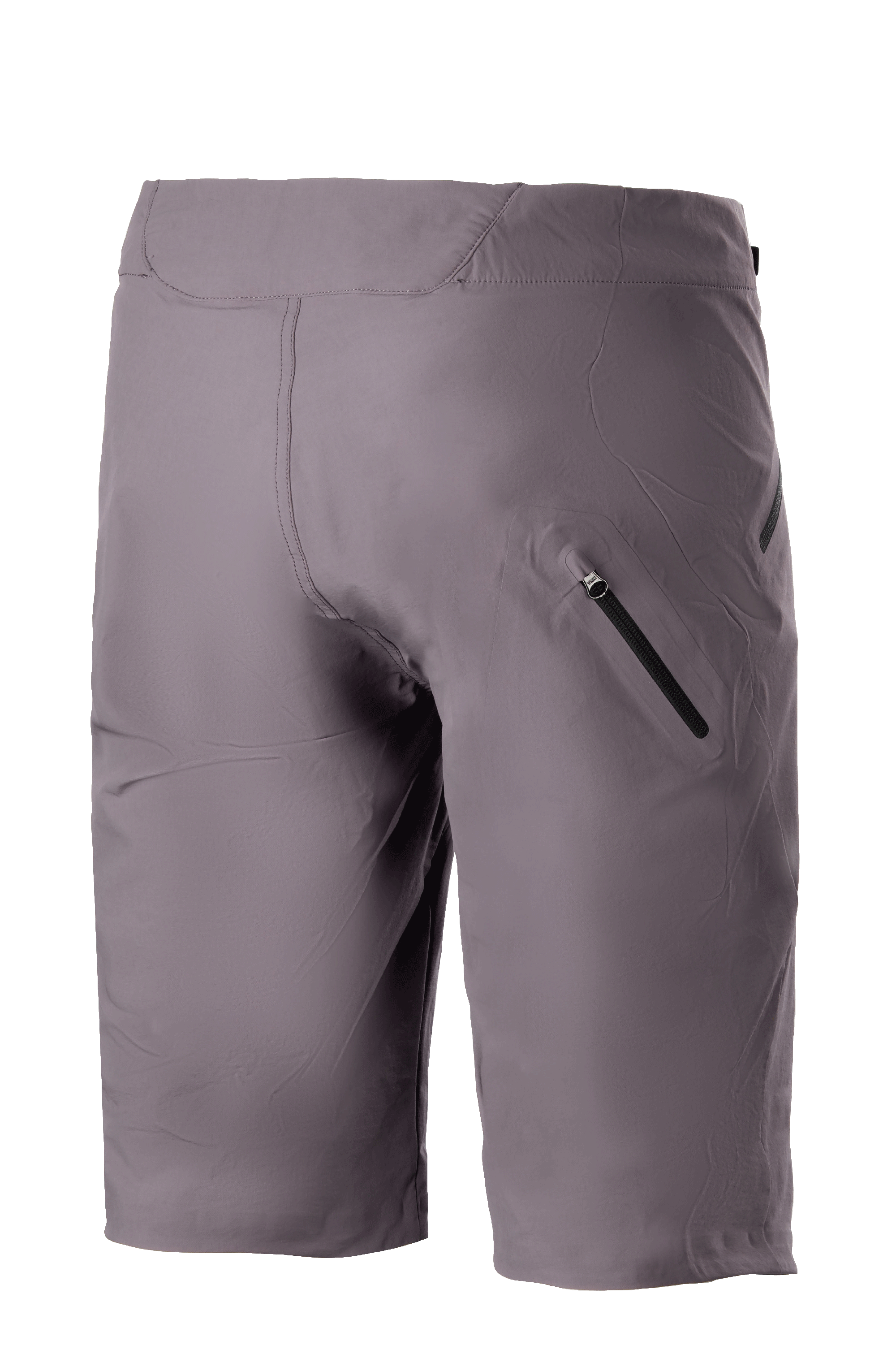 Alpinestars Drop Algorithm Shorts, spodenki rowerowe MTB, szare (Sparrow Gray), widok z tyłu prezentujący klejoną kieszeń na nogawce zapinaną na zamek oraz wytrzymałą, elastyczną konstrukcję do jazdy w terenie