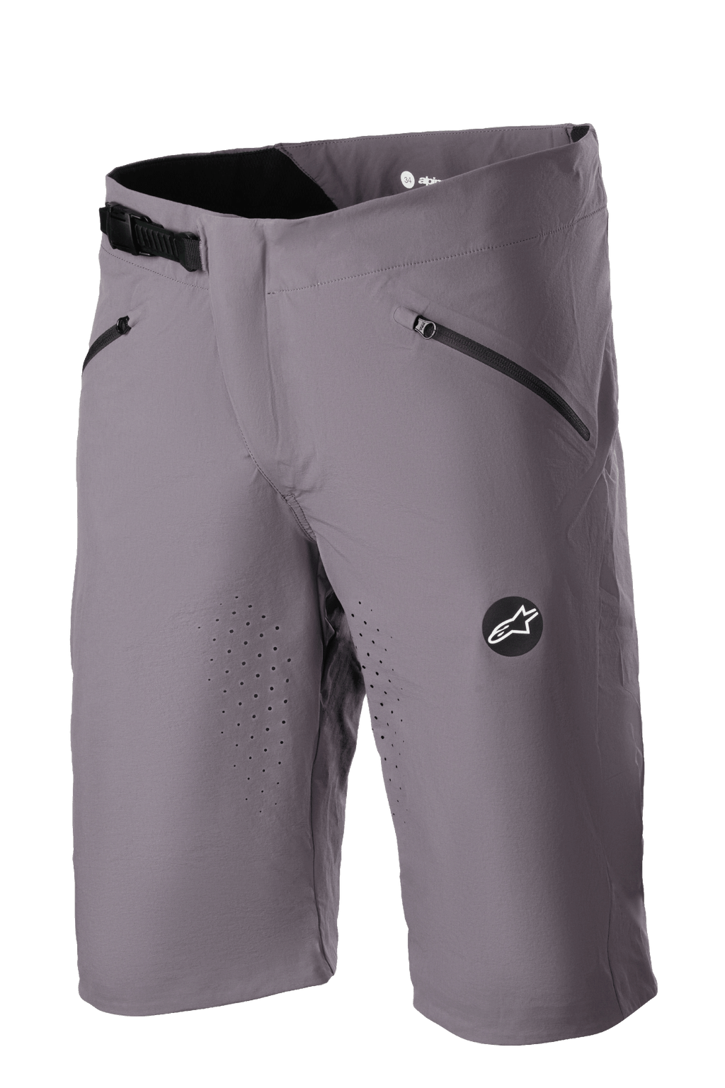 Alpinestars Drop Algorithm Shorts, spodenki rowerowe MTB, kolor Sparrow Gray, laserowa perforacja wentylacyjna na udach, dwie czarne kieszenie na zamek błyskawiczny, regulowana klamra zapadkowa w pasie, naszywka z logo Alpinestars, lekka techniczna elastyczna tkanina