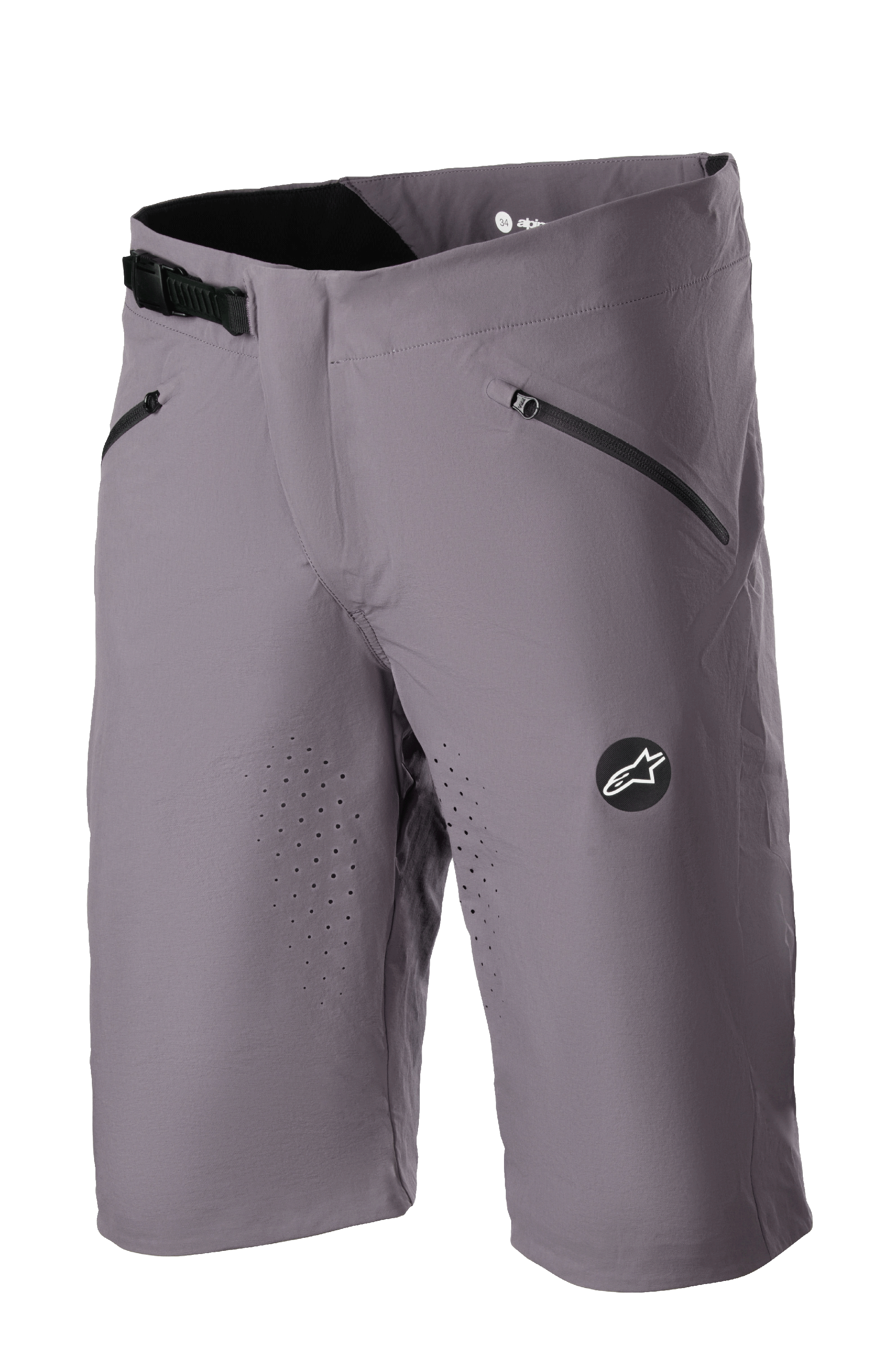 Alpinestars Drop Algorithm Shorts, spodenki rowerowe MTB, kolor Sparrow Gray, laserowa perforacja wentylacyjna na udach, dwie czarne kieszenie na zamek błyskawiczny, regulowana klamra zapadkowa w pasie, naszywka z logo Alpinestars, lekka techniczna elastyczna tkanina