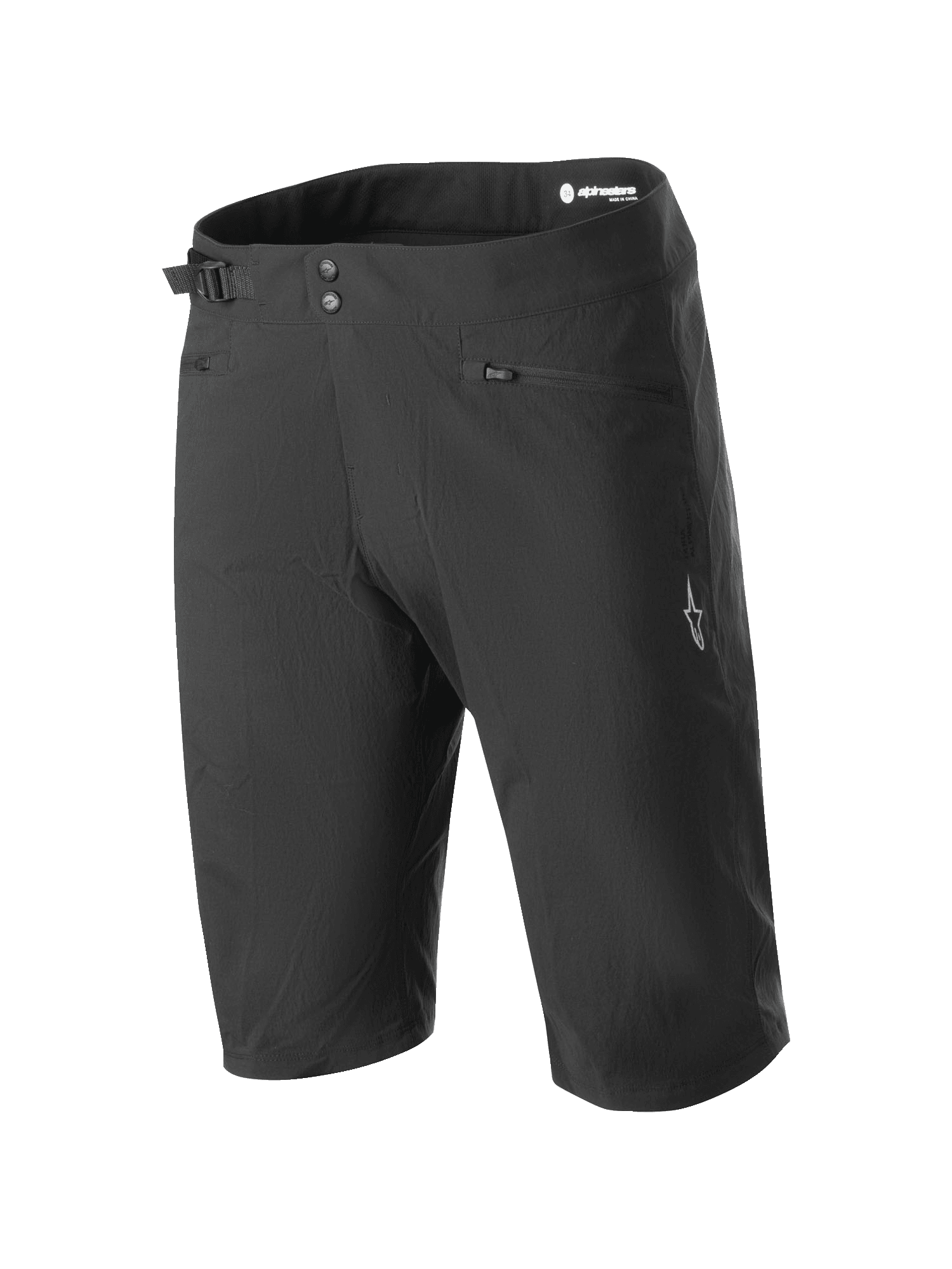 Alpinestars A-Dura Shorts, spodenki rowerowe MTB, czarne, z podwójnym zapięciem na napy, boczną regulacją w talii, kieszeniami na zamek i białym logo na nogawce, wytrzymały materiał rozciągliwy w dwóch kierunkach do kolarstwa górskiego