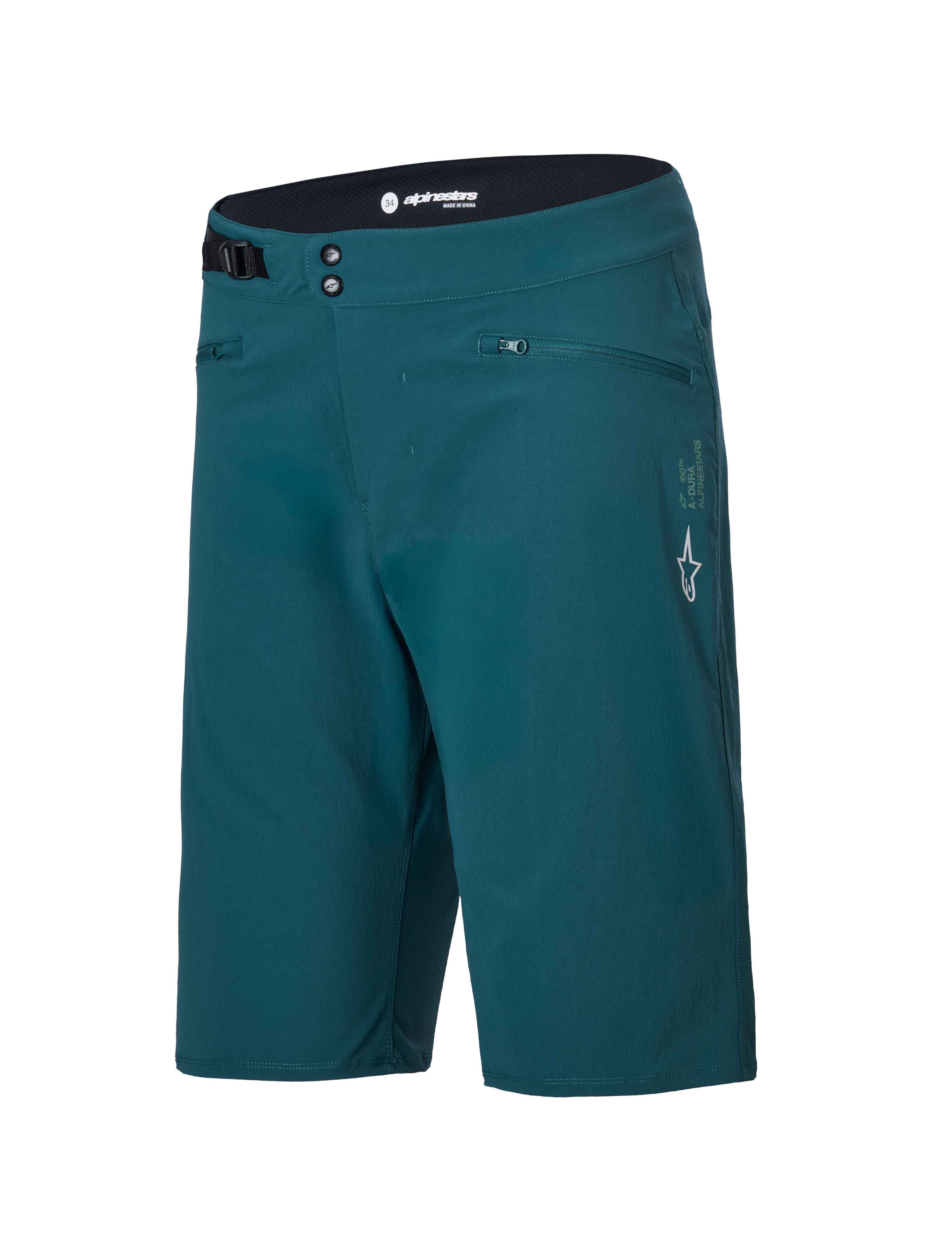 Alpinestars A-Dura Shorts, spodenki MTB, ciemnozielone (Dark Pine Green), kieszenie na zamek, podwójne zapięcie na napy, regulacja w pasie, białe logo Alpinestars na lewej nogawce, wytrzymała konstrukcja do kolarstwa górskiego