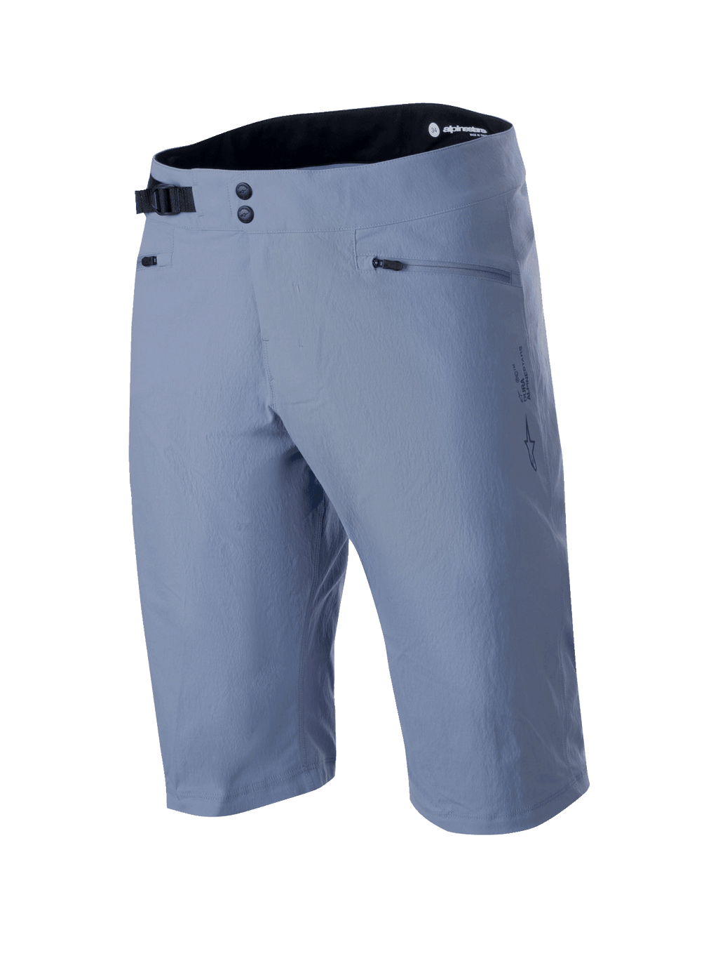 Alpinestars A-Dura Shorts, spodenki MTB, kolor Infinity Blue, z podwójnym zapięciem na napy, regulowaną czarną boczną klamrą, kieszeniami na zamek i teksturowanym materiałem rozciągliwym w dwóch kierunkach, techniczna odzież MTB