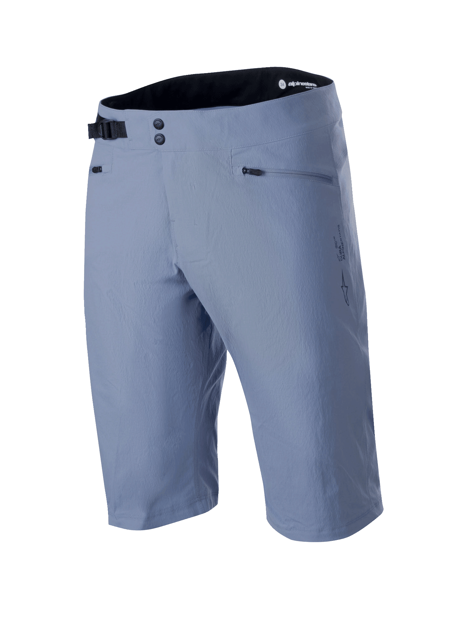 Alpinestars A-Dura Shorts, spodenki MTB, kolor Infinity Blue, z podwójnym zapięciem na napy, regulowaną czarną boczną klamrą, kieszeniami na zamek i teksturowanym materiałem rozciągliwym w dwóch kierunkach, techniczna odzież MTB