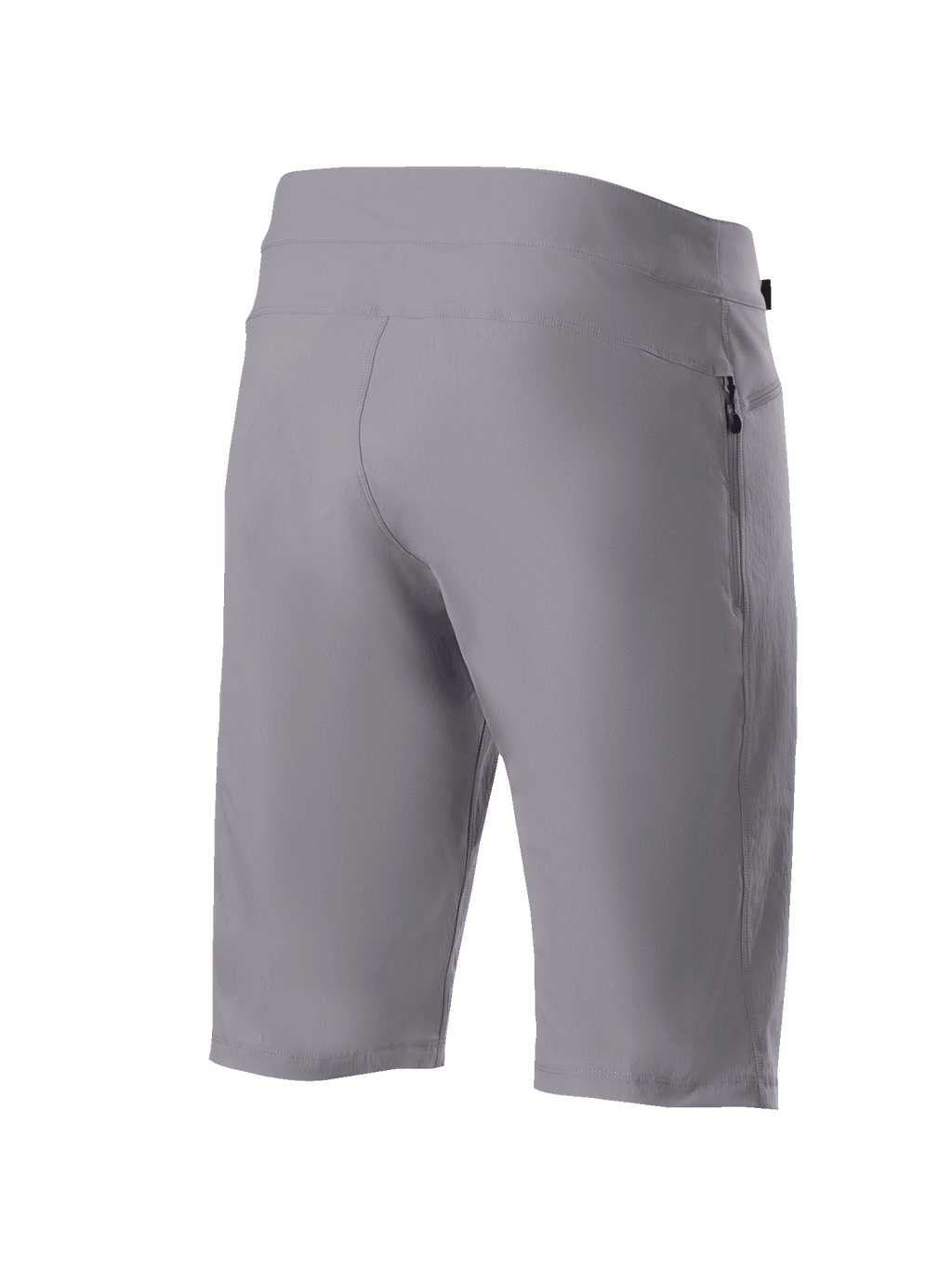 Alpinestars A-Dura Shorts, spodenki rowerowe MTB, ciemnoszare, widok z tyłu pod skosem ukazujący wytrzymały, rozciągliwy w dwóch kierunkach materiał oraz boczną kieszeń zapinaną na zamek, techniczna odzież rowerowa