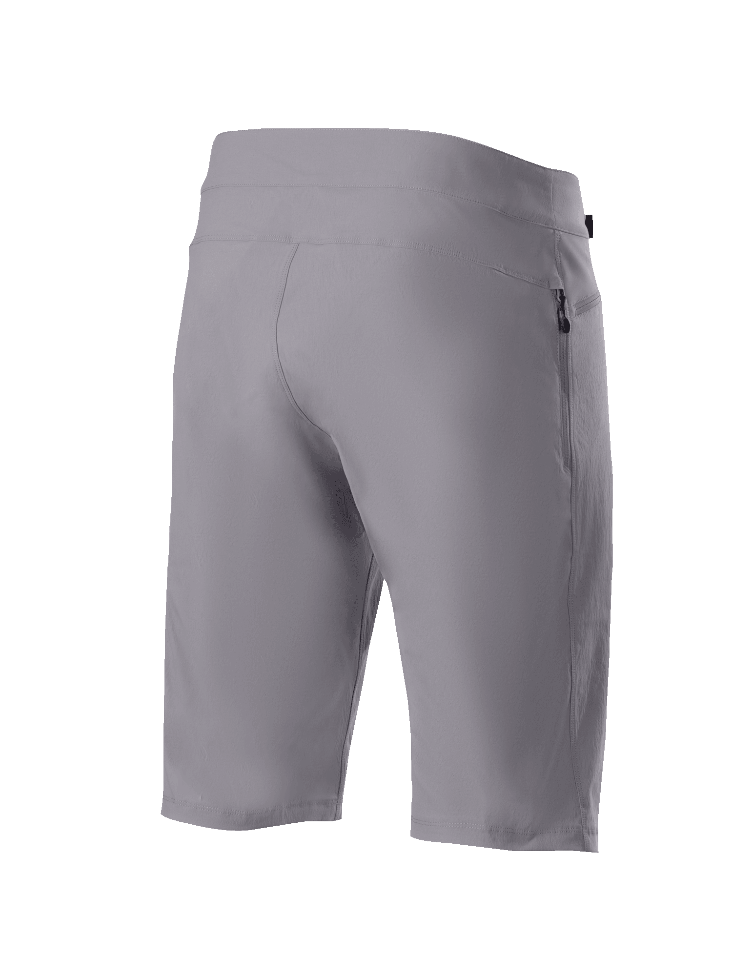 Alpinestars A-Dura Shorts, spodenki rowerowe MTB, ciemnoszare, widok z tyłu pod skosem ukazujący wytrzymały, rozciągliwy w dwóch kierunkach materiał oraz boczną kieszeń zapinaną na zamek, techniczna odzież rowerowa