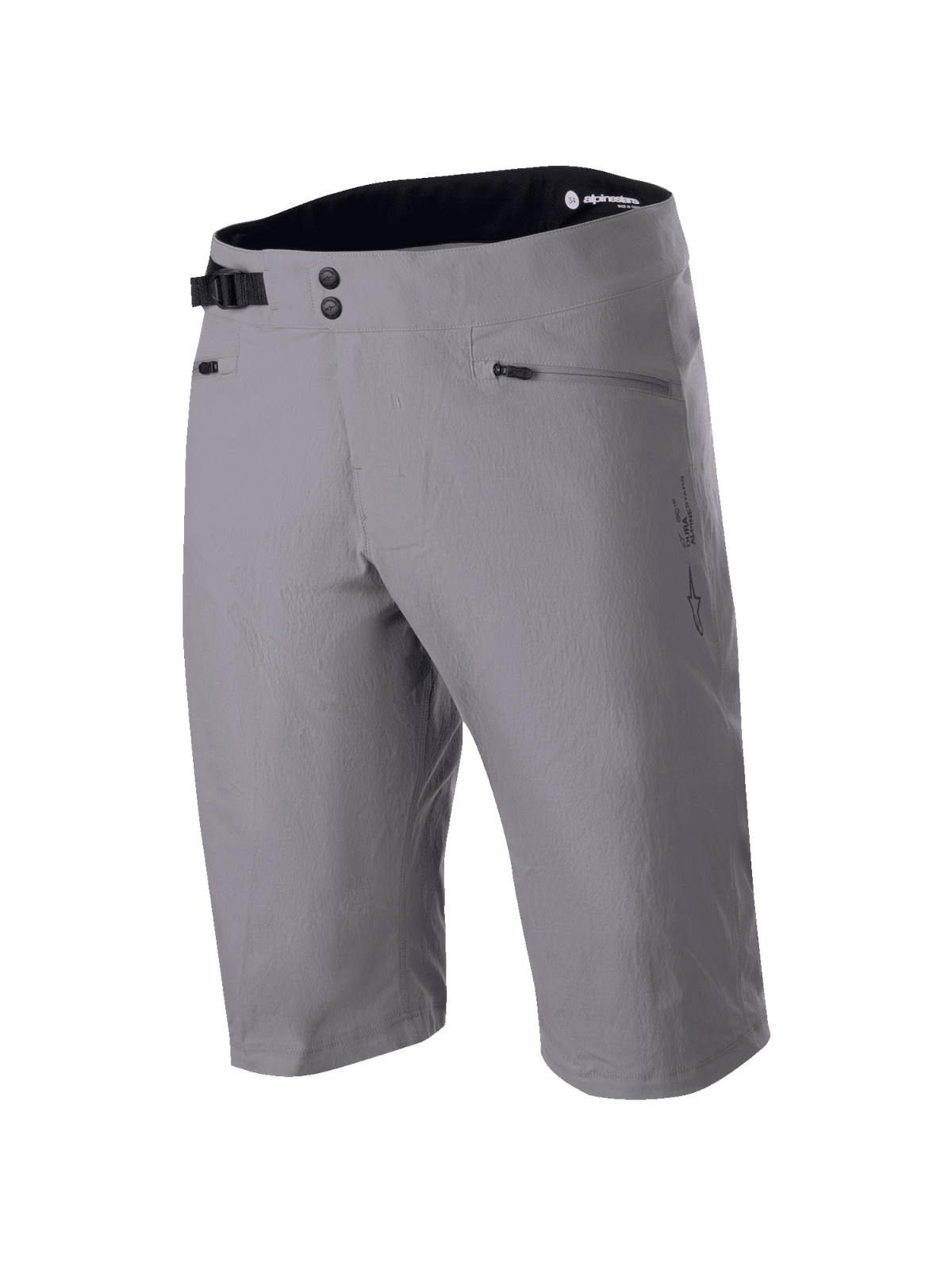 Alpinestars A-Dura Shorts, szorty MTB, ciemnoszare, krój do kolan z podwójnym zapięciem na napy i regulacją boczną, kieszenie na zamek, techniczny materiał rozciągliwy w dwóch kierunkach do kolarstwa górskiego