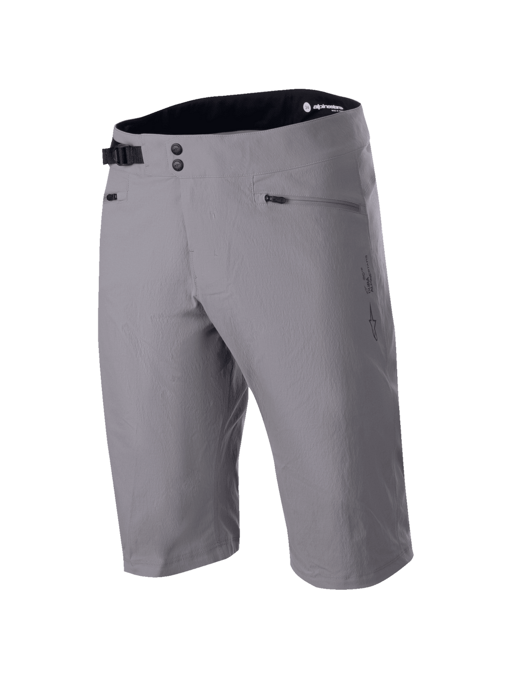 Alpinestars A-Dura Shorts, szorty MTB, ciemnoszare, krój do kolan z podwójnym zapięciem na napy i regulacją boczną, kieszenie na zamek, techniczny materiał rozciągliwy w dwóch kierunkach do kolarstwa górskiego