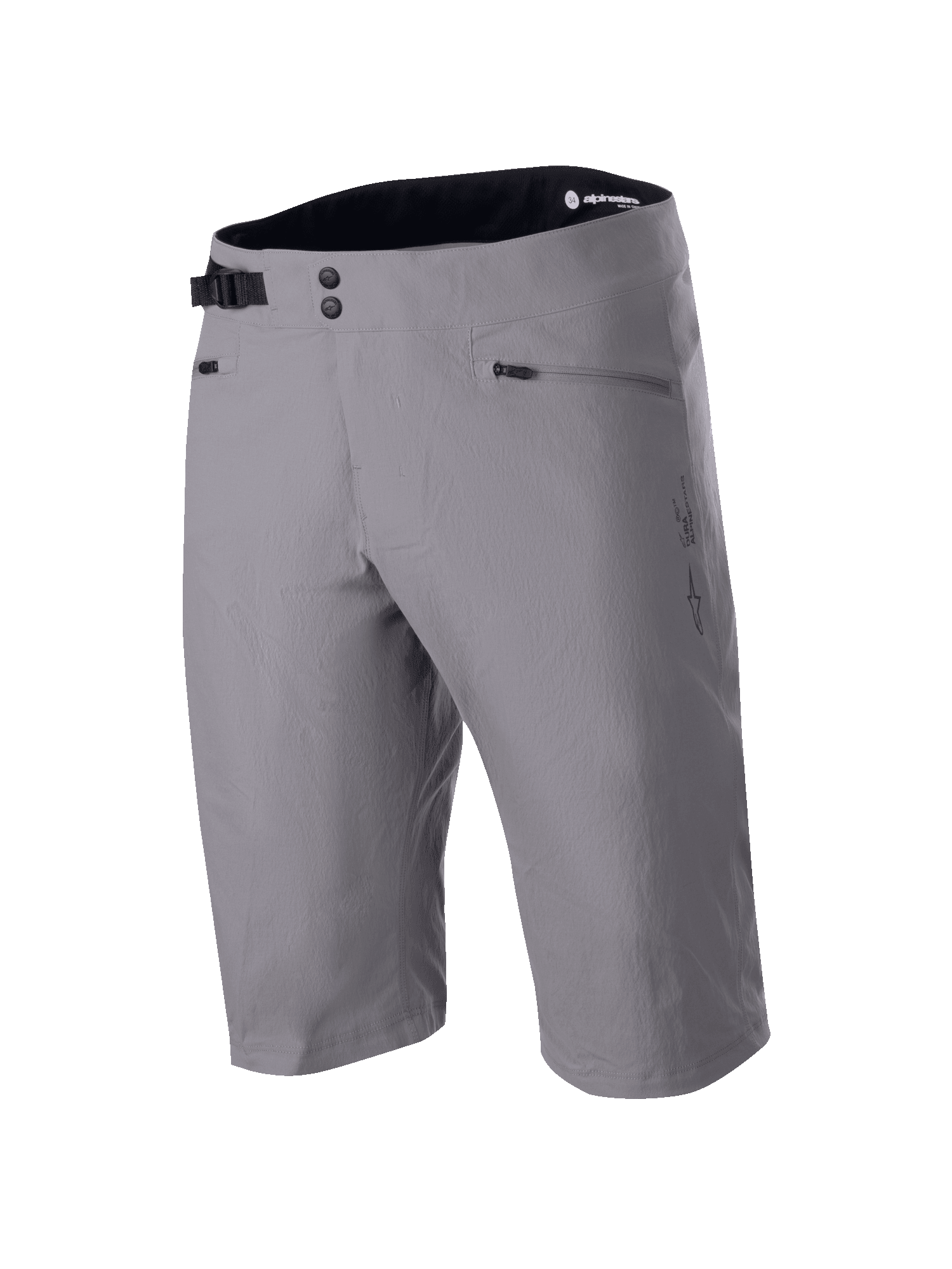 Alpinestars A-Dura Shorts, szorty MTB, ciemnoszare, krój do kolan z podwójnym zapięciem na napy i regulacją boczną, kieszenie na zamek, techniczny materiał rozciągliwy w dwóch kierunkach do kolarstwa górskiego