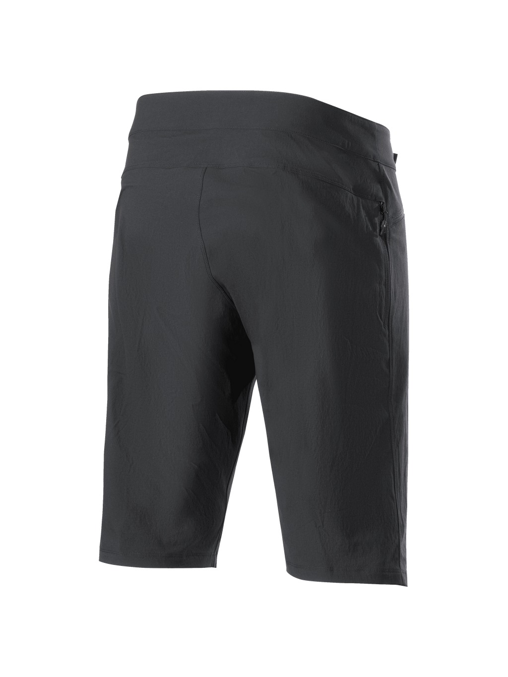 Alpinestars A-Dura Liner Shorts, czarne spodenki MTB, widok z tyłu pod kątem, boczna kieszeń na zamek, wytrzymały rozciągliwy materiał i sportowy, dopasowany design do jazdy terenowej