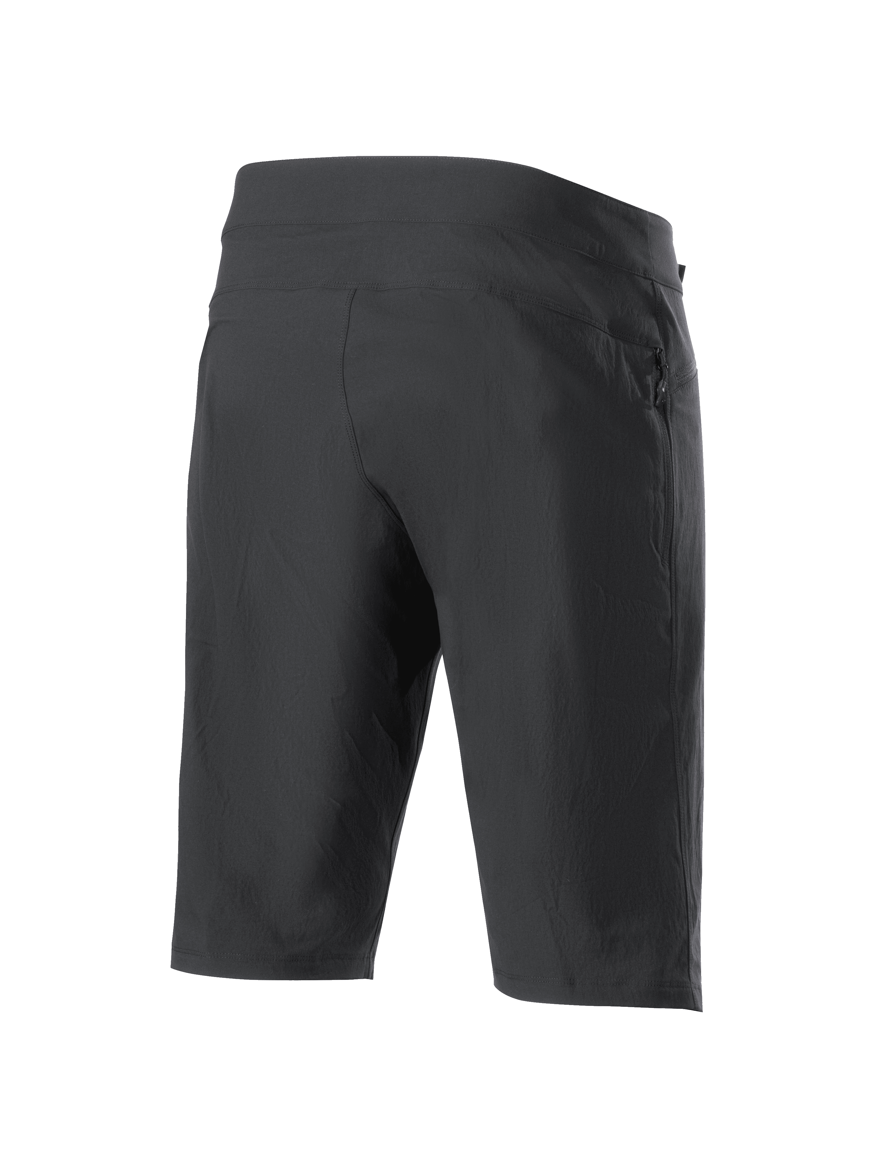 Alpinestars A-Dura Liner Shorts, czarne spodenki MTB, widok z tyłu pod kątem, boczna kieszeń na zamek, wytrzymały rozciągliwy materiał i sportowy, dopasowany design do jazdy terenowej