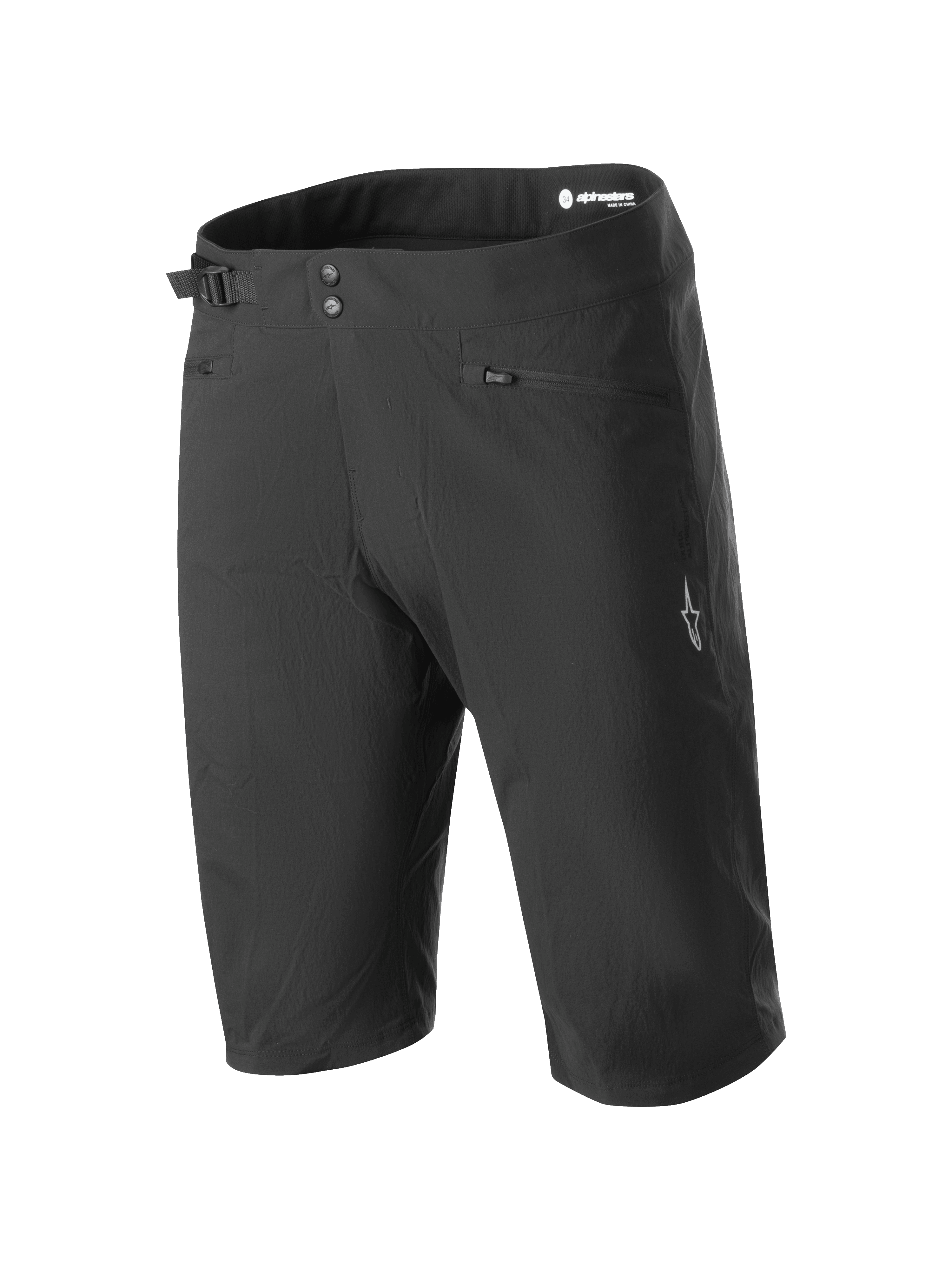 Alpinestars A-Dura Liner Shorts, czarne spodenki rowerowe MTB, podwójne zapięcie na zatrzaski z regulacją w pasie, kieszenie zapinane na zamek, białe logo gwiazdy na nogawce, wytrzymały i elastyczny materiał do jazdy MTB