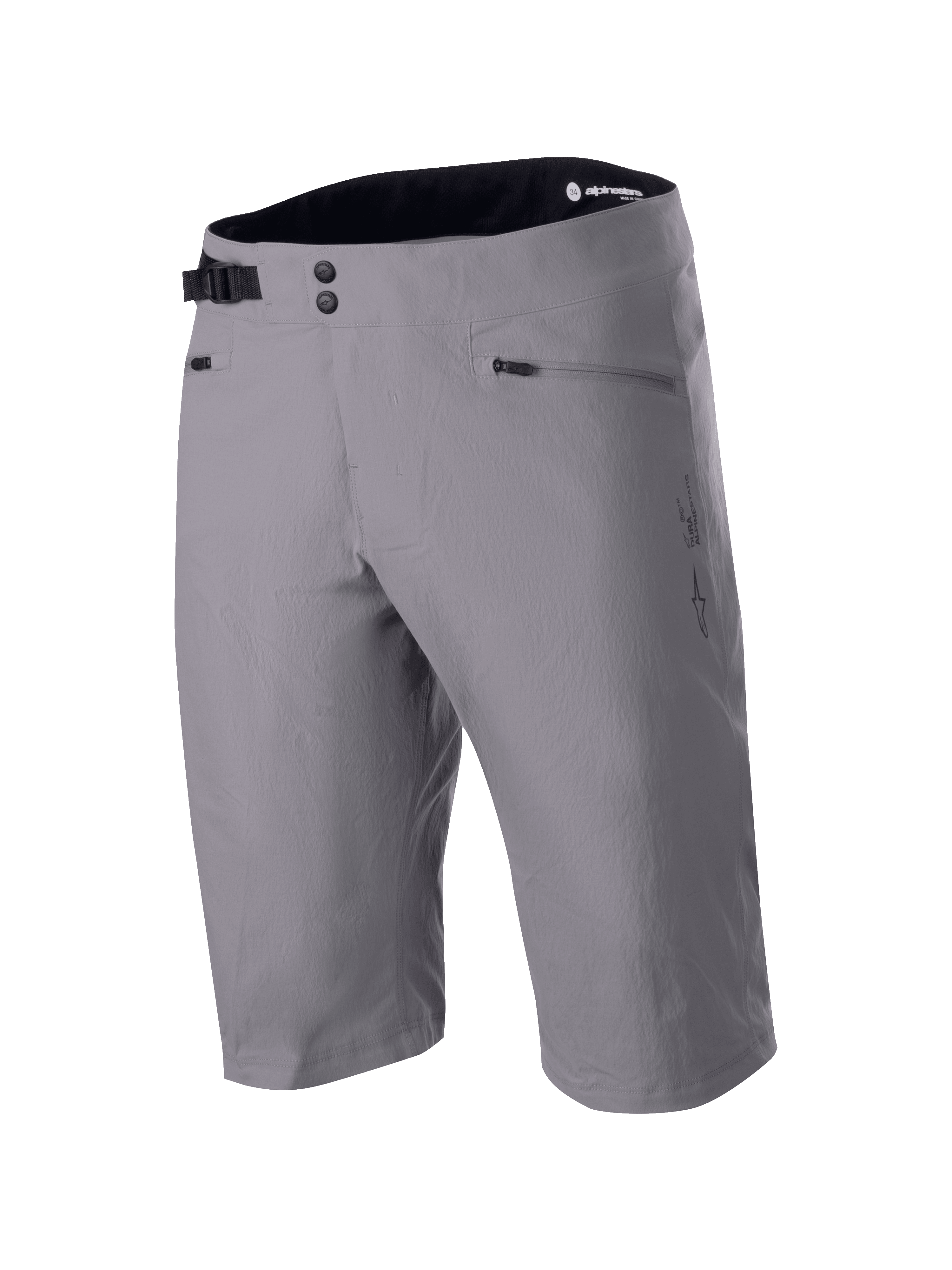 Alpinestars A-Dura Liner Shorts, ciemnoszare szorty rowerowe MTB, podwójne zapięcie na zatrzaski z przodu z regulowaną boczną klamrą, kieszenie zapinane na zamek, wytrzymała tkanina rozciągliwa w dwóch kierunkach, logo Astars z boku, czarny wewnętrzny pas