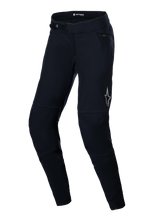 Alpinestars Stella A-Dura Thermal Pants, damskie spodnie MTB, czarne, z zapięciem na zapadkę w pasie, kieszenią na biodrze zapinaną na zamek i odblaskowym logo Alpinestars na udzie, anatomicznie wyprofilowana konstrukcja dla komfortu jazdy