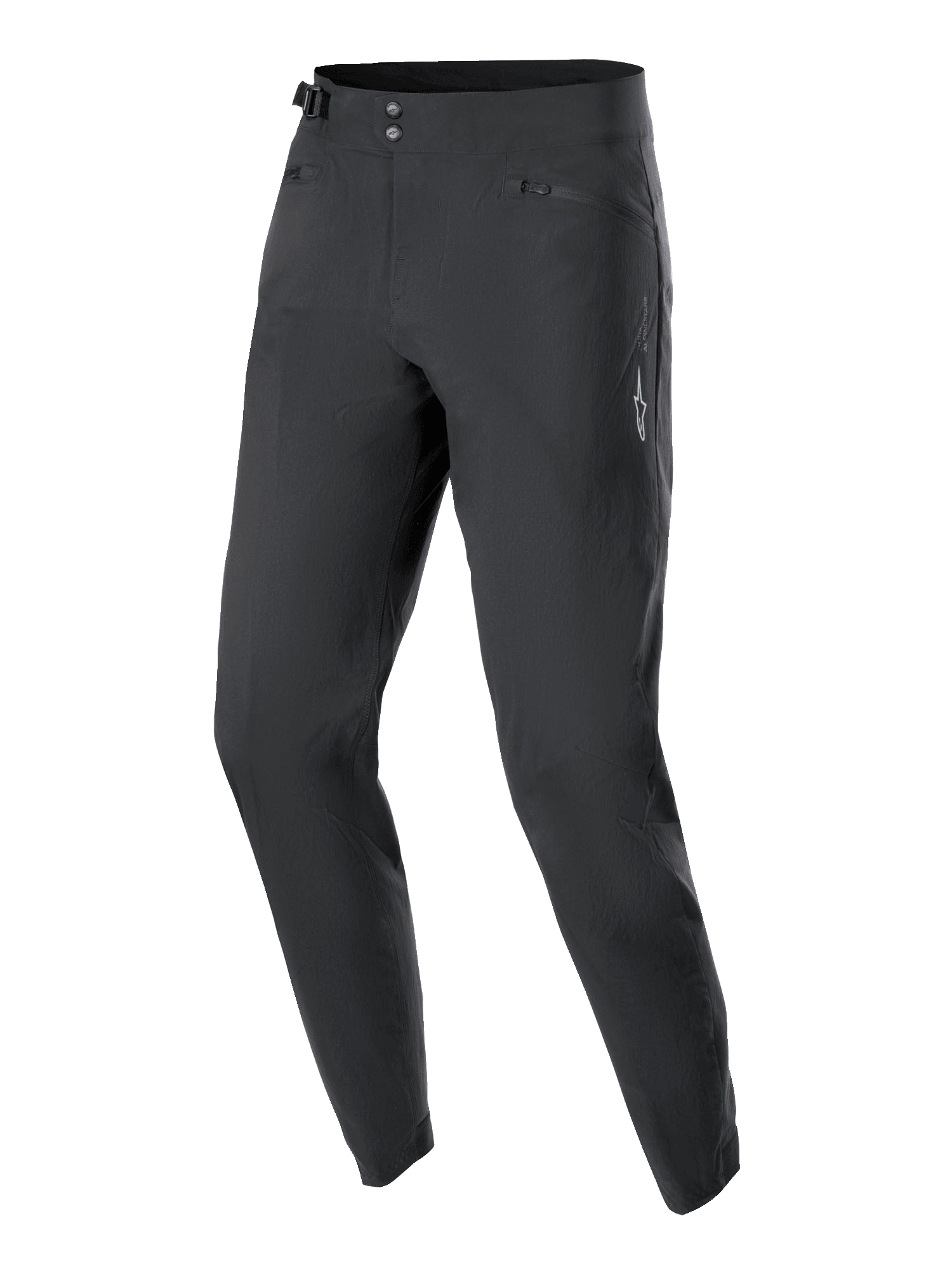 Alpinestars Stella A-Dura Pants, damskie spodnie rowerowe MTB, czarne, wyposażone w podwójne zapięcie na napy z przodu, regulację w talii i kieszenie na zamek, minimalistyczny design z małym białym logo gwiazdy, wytrzymały materiał 2-way stretch do jazdy w terenie
