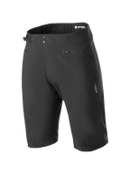 Alpinestars Stella A-Dura Liner Shorts, damskie czarne spodenki rowerowe MTB, długość do kolan, z podwójnym zapięciem na zatrzaski i boczną regulacją, kieszenie na zamek i logo z białą gwiazdą na nogawce, wytrzymały materiał 2-way stretch
