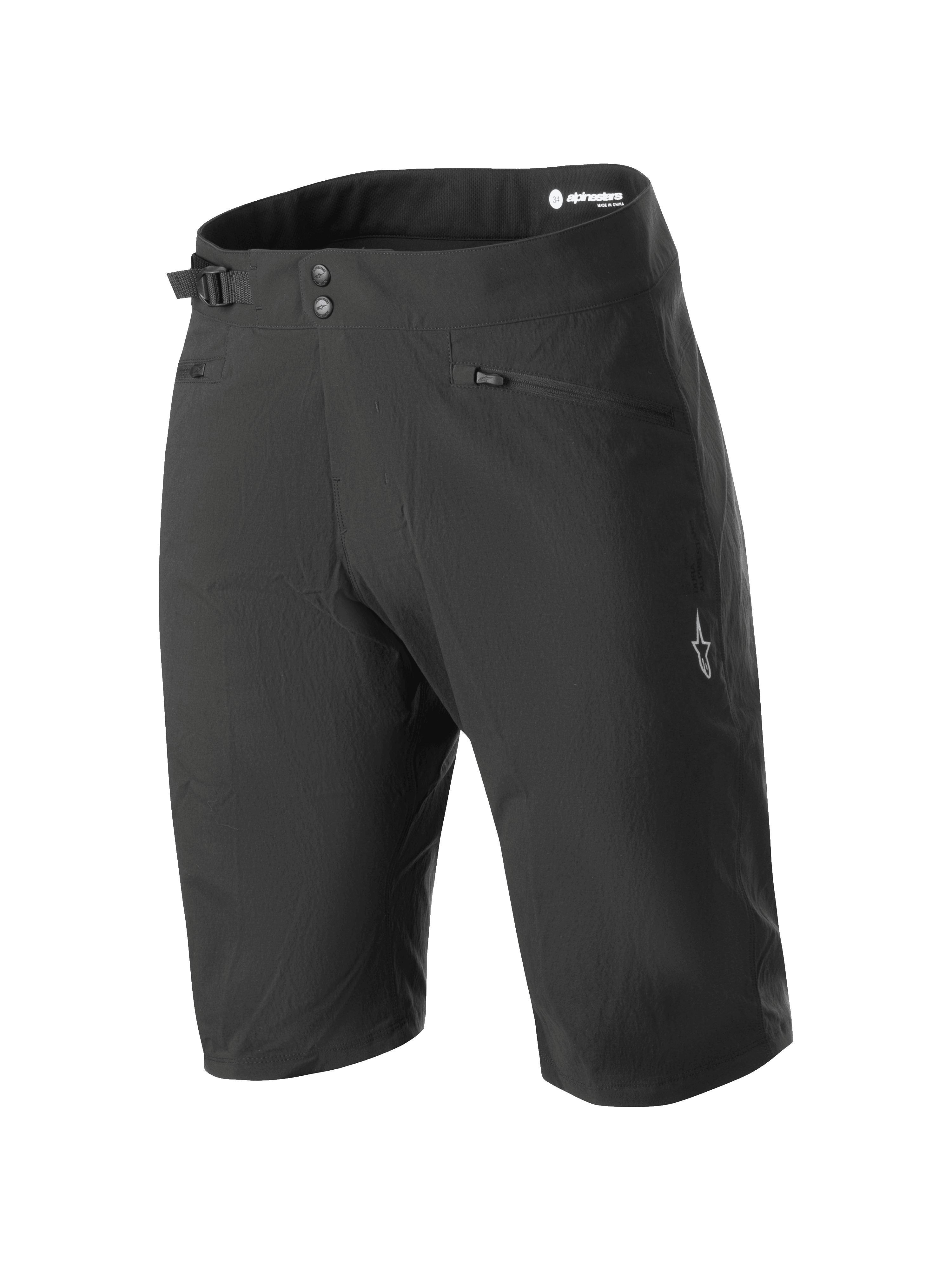 Alpinestars Stella A-Dura Liner Shorts, damskie czarne spodenki rowerowe MTB, długość do kolan, z podwójnym zapięciem na zatrzaski i boczną regulacją, kieszenie na zamek i logo z białą gwiazdą na nogawce, wytrzymały materiał 2-way stretch