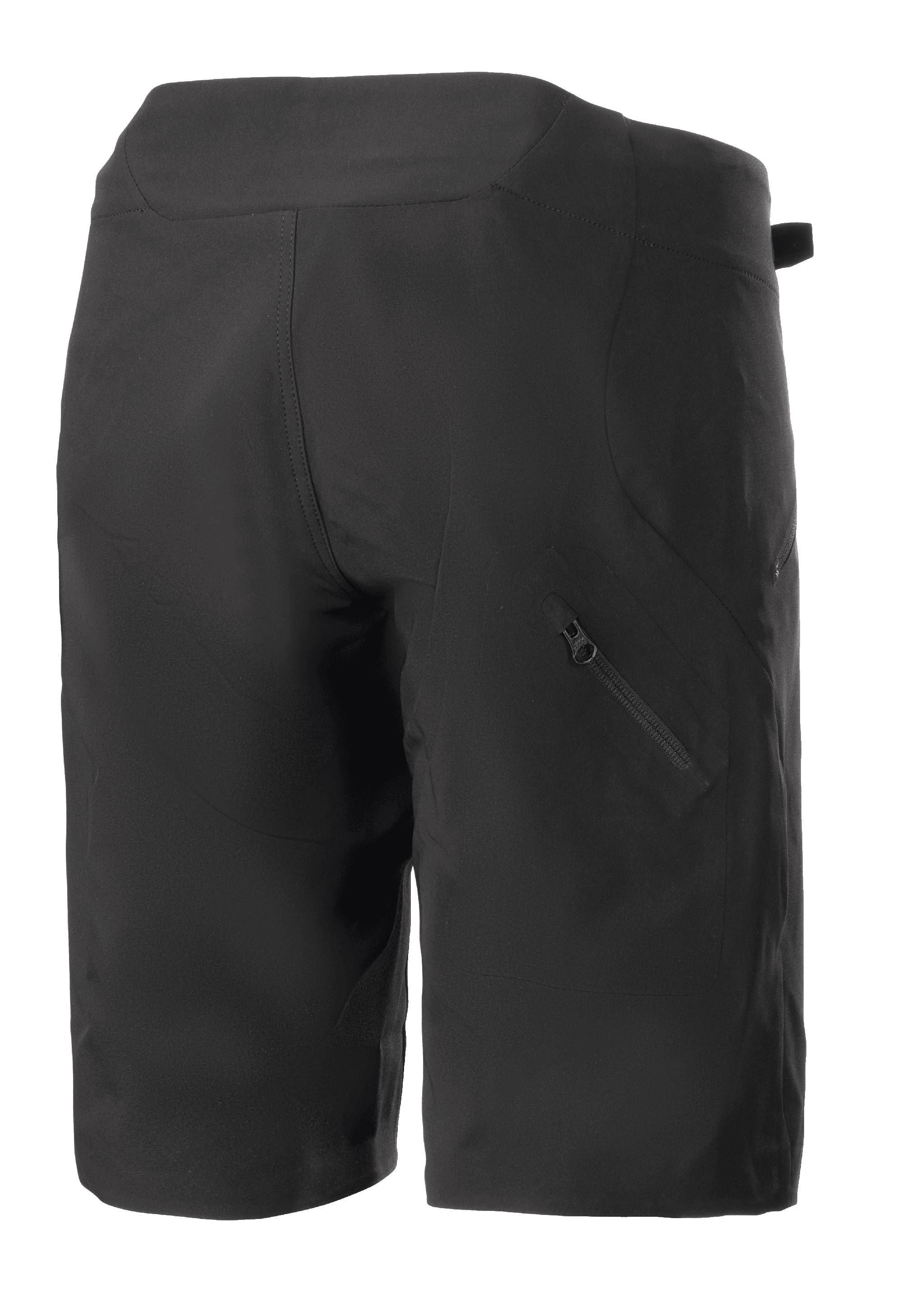 Alpinestars Women Stella Drop Algorithm Shorts, Black, Mountain Bike Shorts, rear view showing technical paneling and diagonal zippered pocket on the right leg, lightweight and durable design for off-road cycling