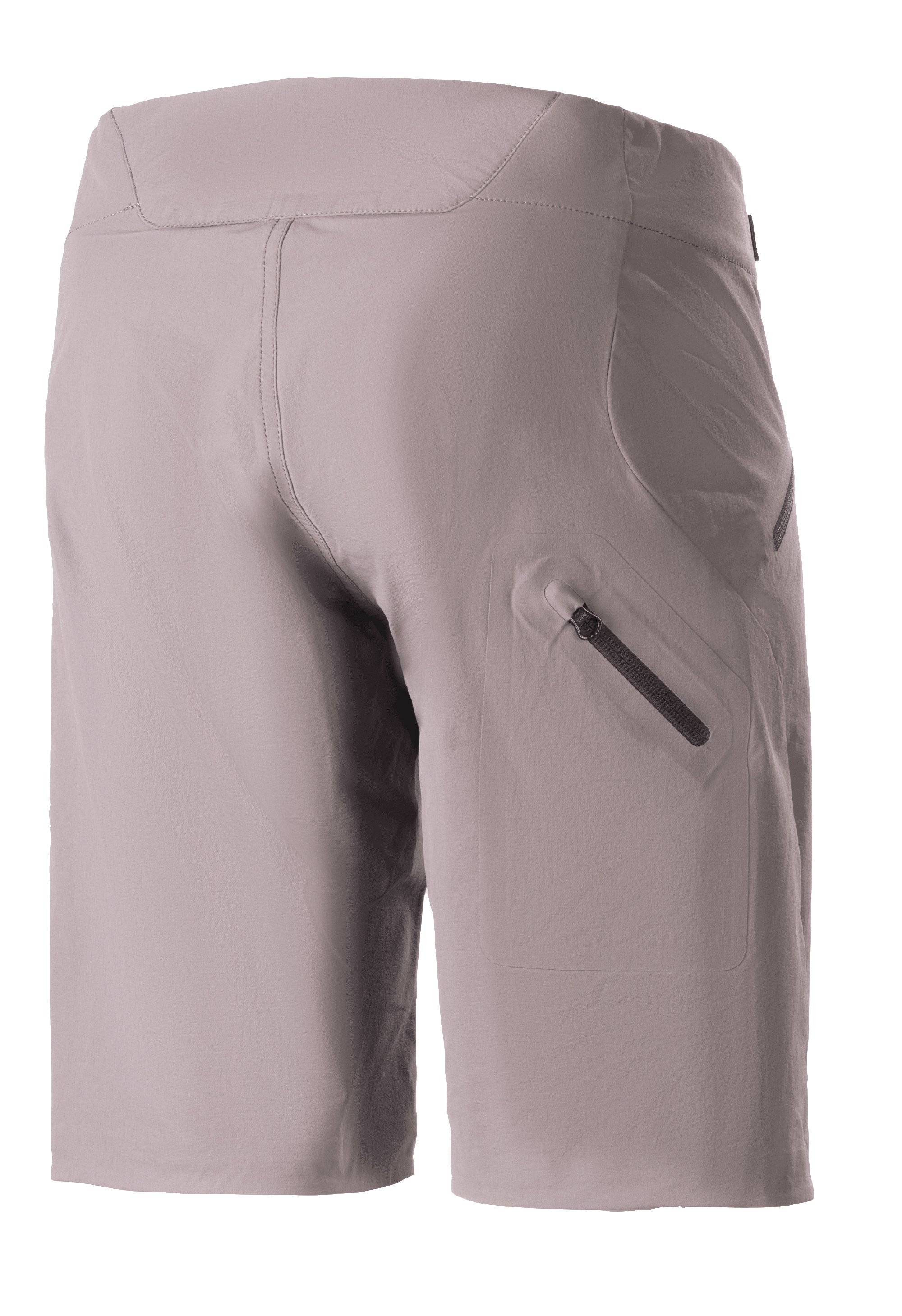 Alpinestars Stella Drop Algorithm Shorts, damskie spodenki rowerowe MTB, szare (Sparrow Gray), widok z tyłu ze zgrzewaną kieszenią na zamek na nogawce, techniczny elastyczny materiał o dopasowaniu do kobiecej sylwetki, zaprojektowane do wyczynowej jazdy trailowej i terenowej.